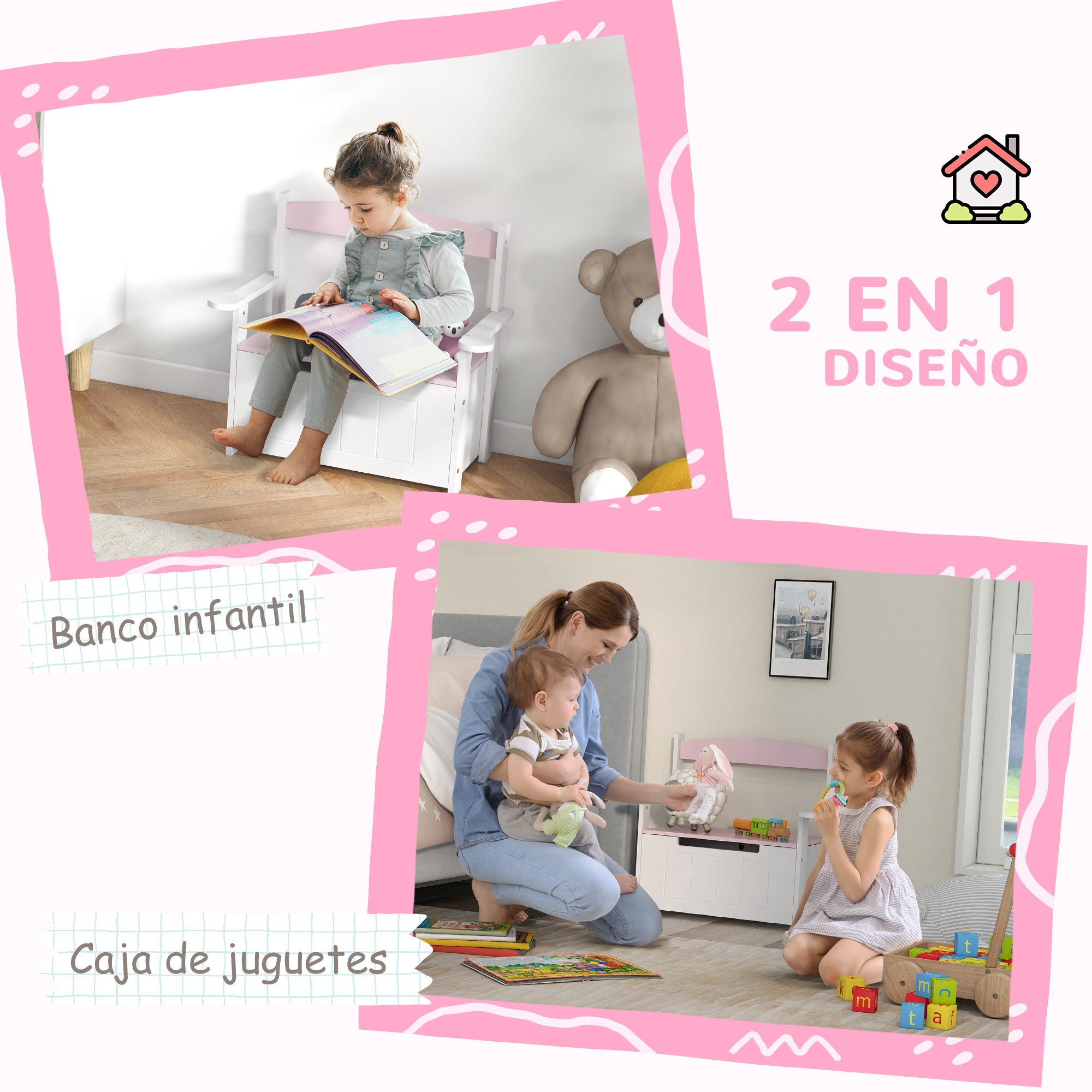Un niño lee, una madre con bebé y un niño juegan con juguetes.