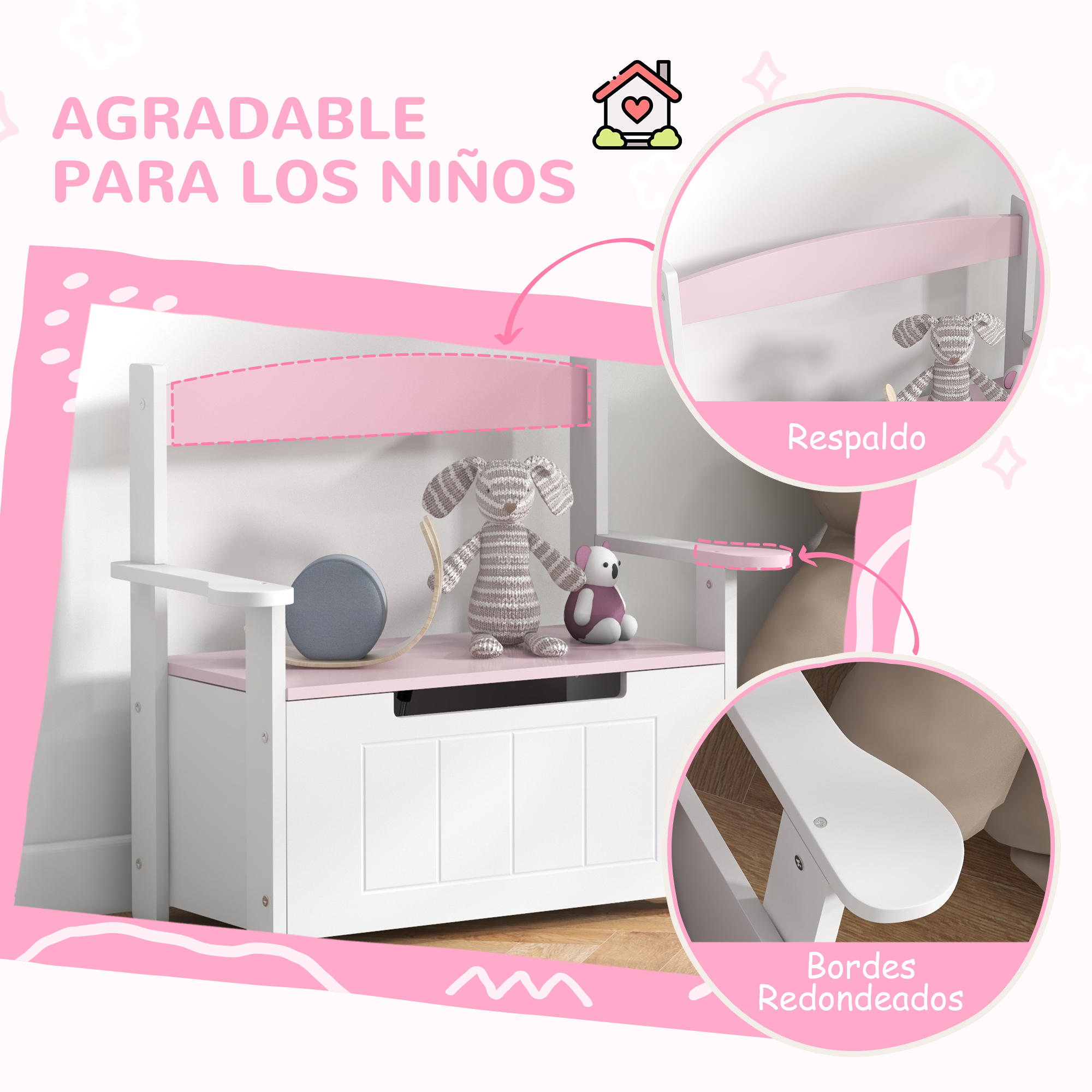 Banco de almacenamiento de juguetes blanco con detalles rosas y peluches.