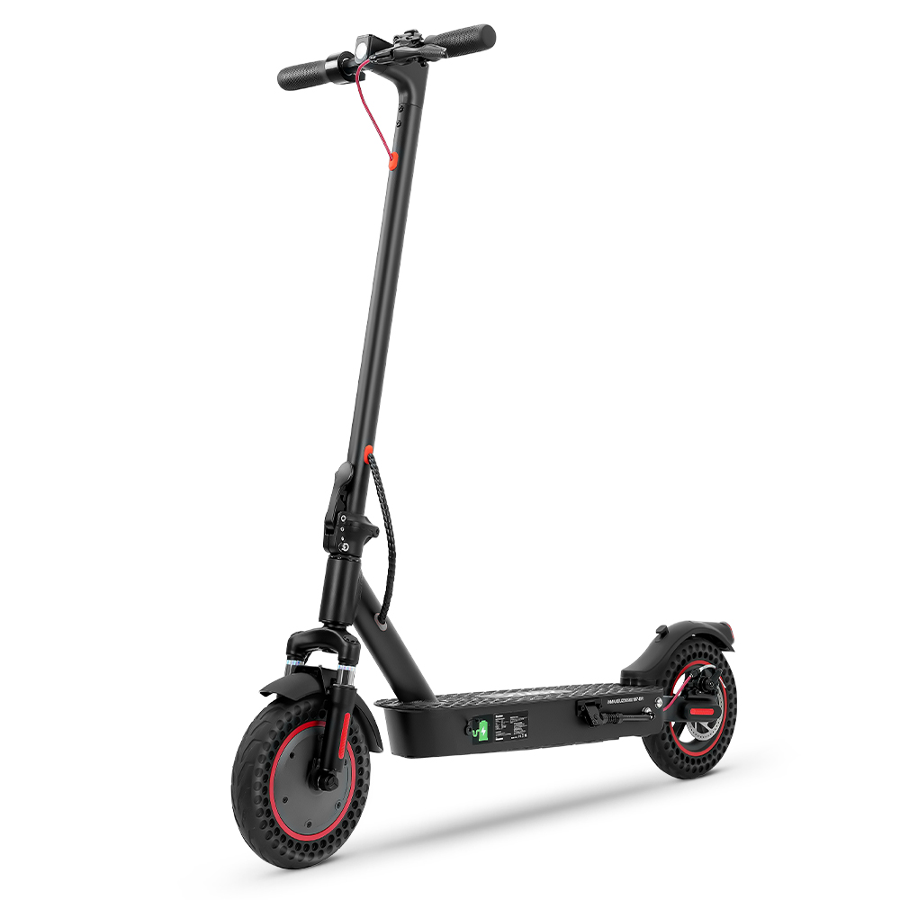 Uno scooter elettrico nero con accenti rossi sulle ruote.