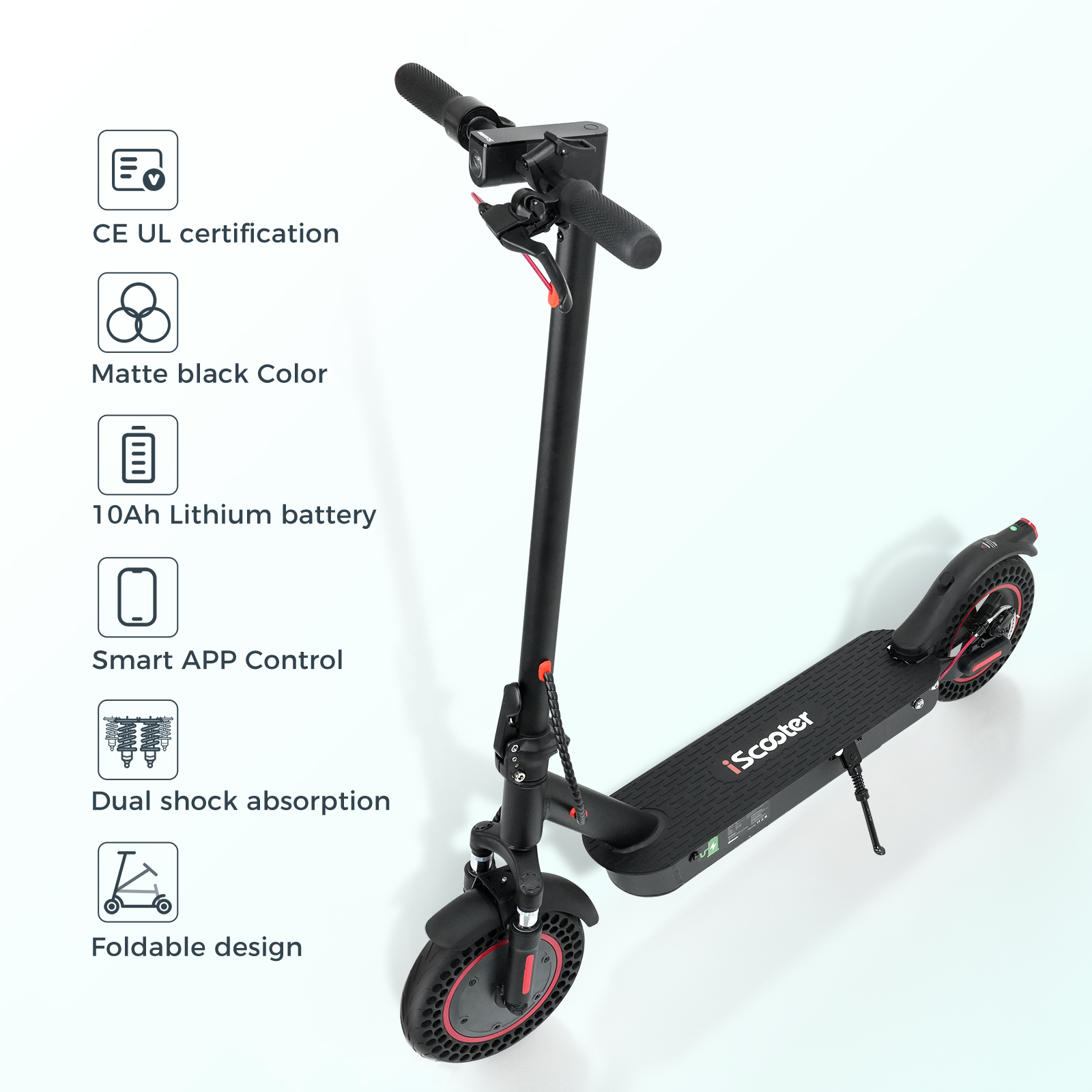 Monopattino elettrico nero opaco con caratteristiche come certificazione CE UL, batteria da 10Ah.