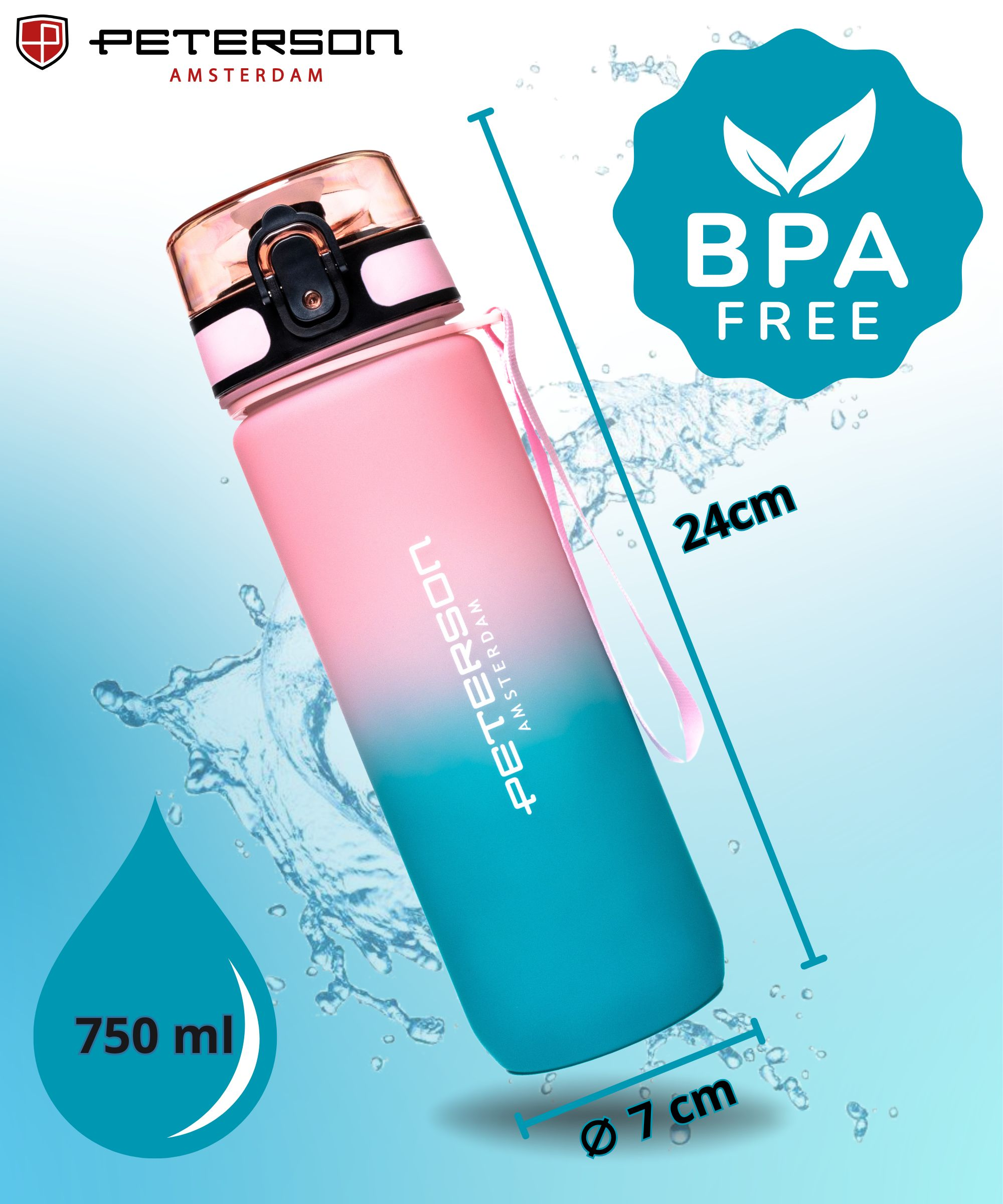 Różowo-turkusowa butelka Peterson, 24cm wysoka, 750ml, bez BPA.