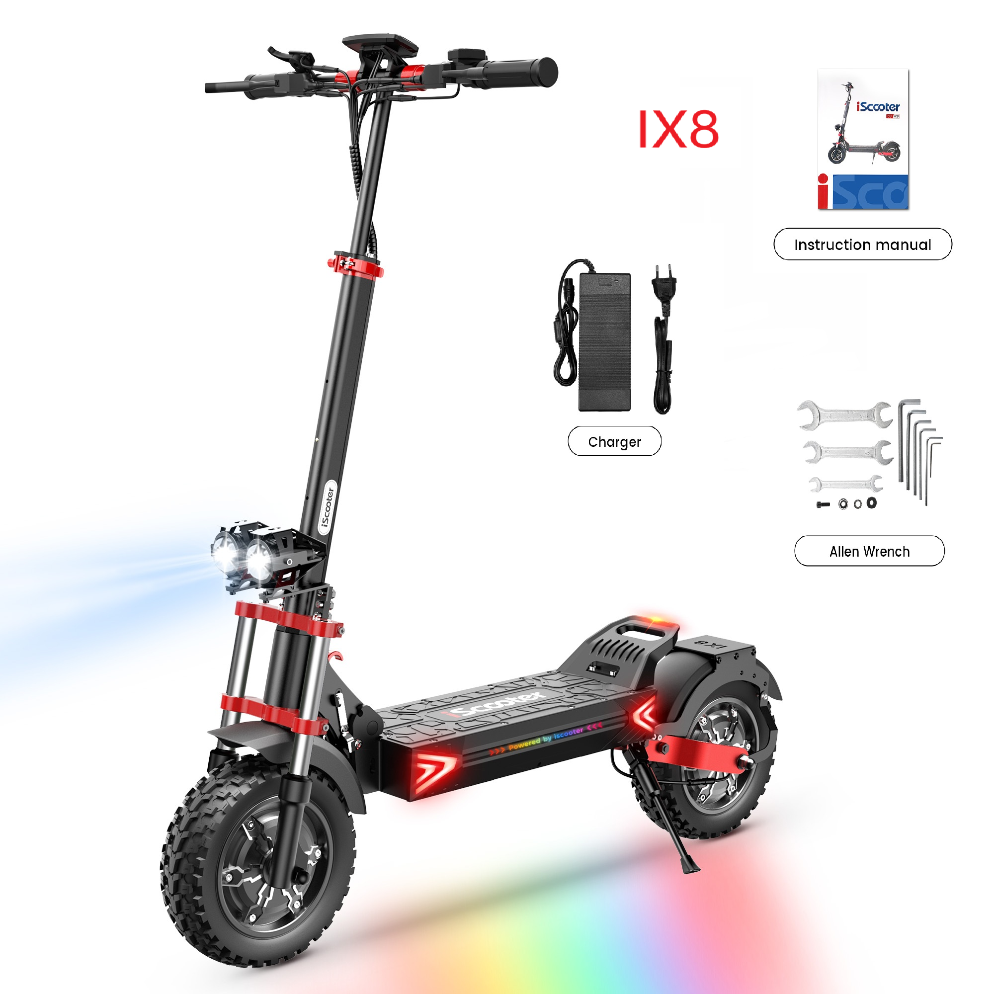Un iScooter IX8 nero con accenti rossi, luci illuminate e illuminazione a terra arcobaleno.