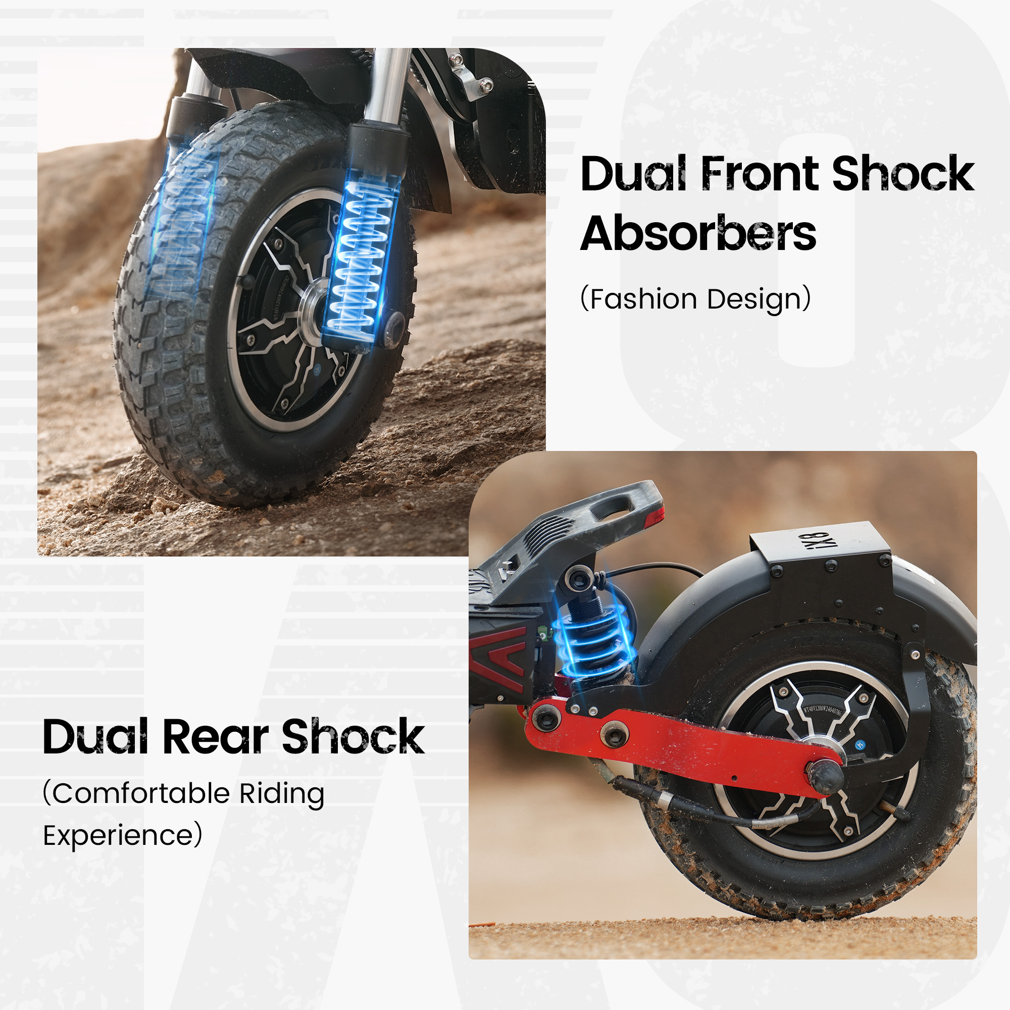 Ammortizzatori anteriori e posteriori di scooter elettrico con effetti luminosi blu.