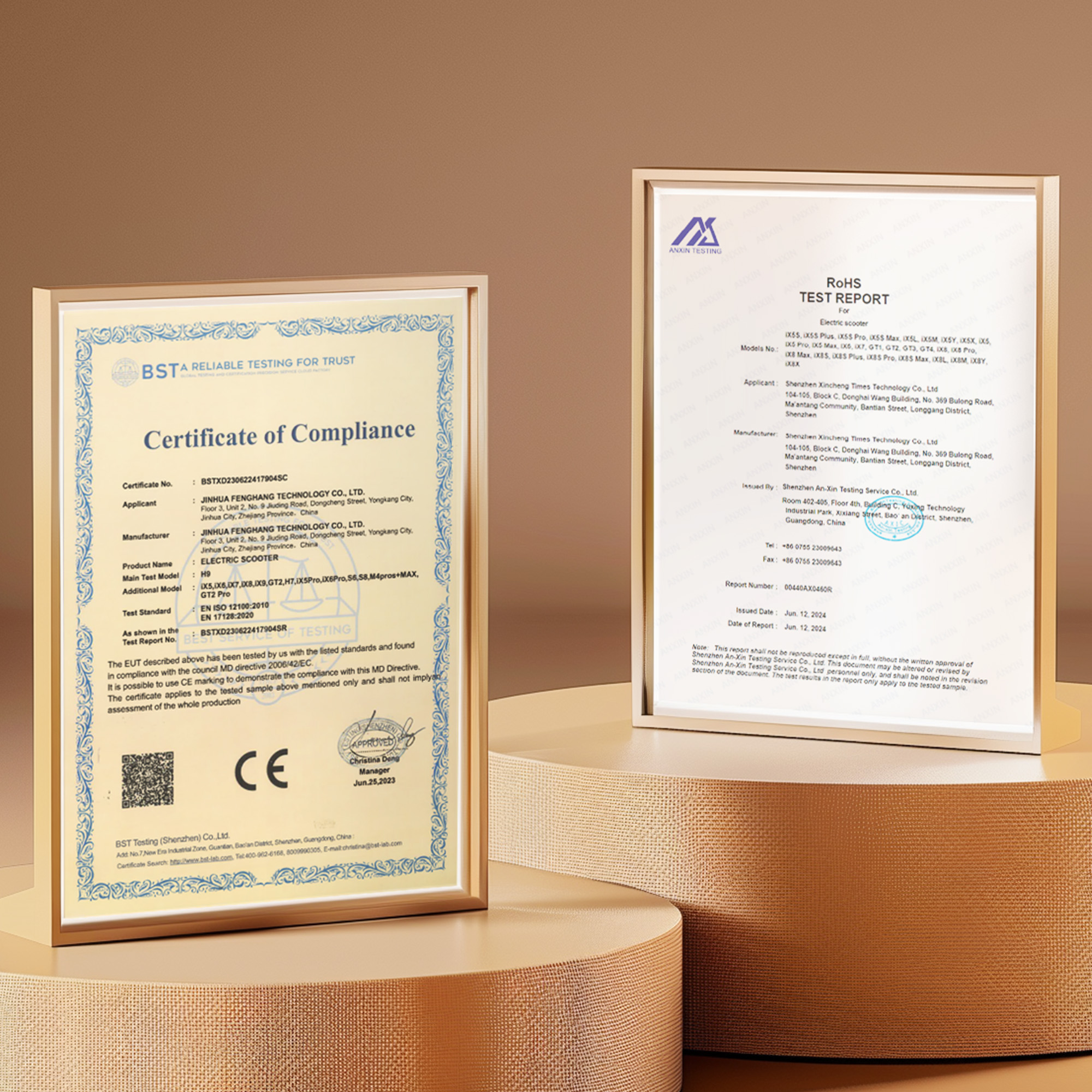 Due certificati, uno per BST e uno per Anxin Testing, esposti su un tavolo.