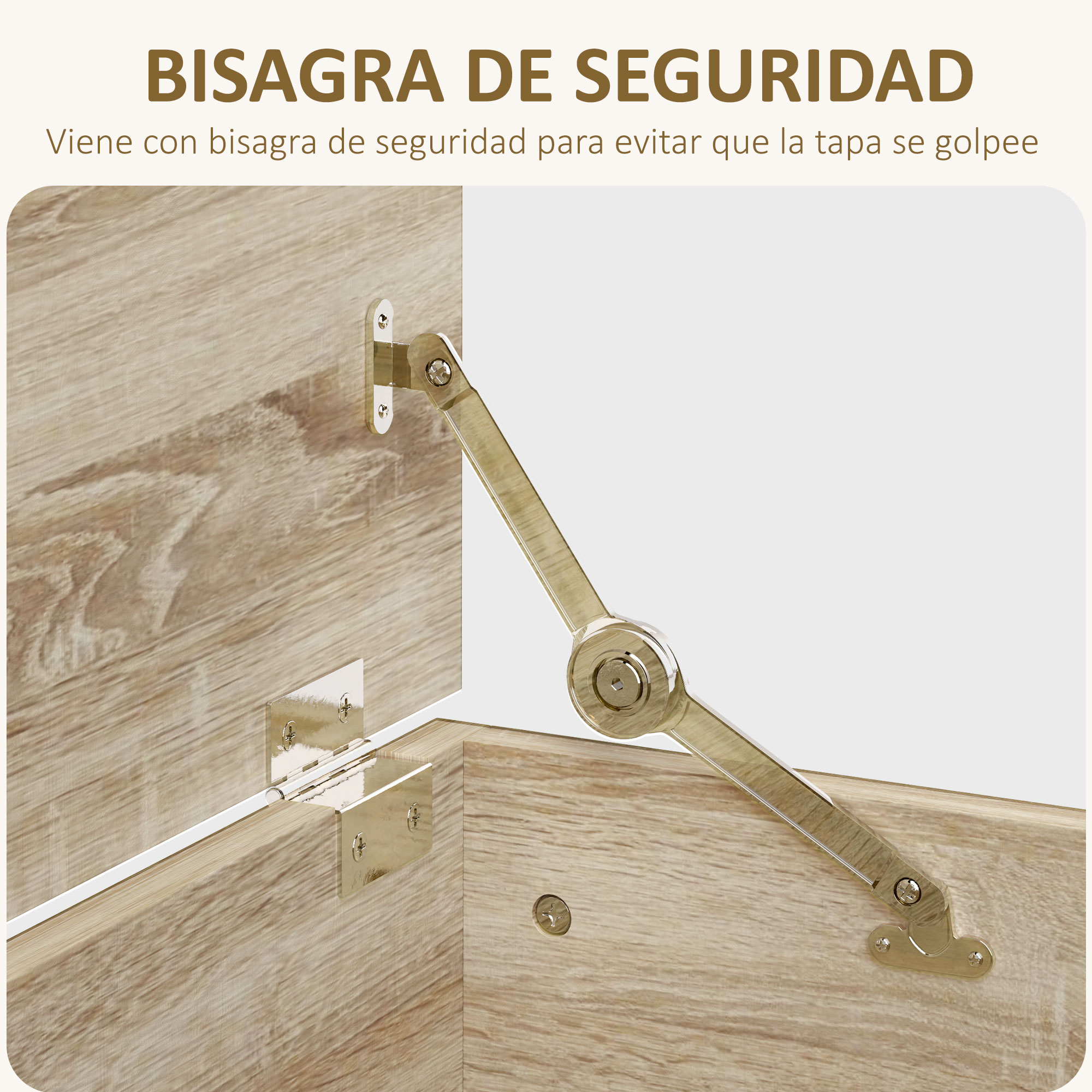Una bisagra de soporte de tapa de seguridad de metal está unida a madera.