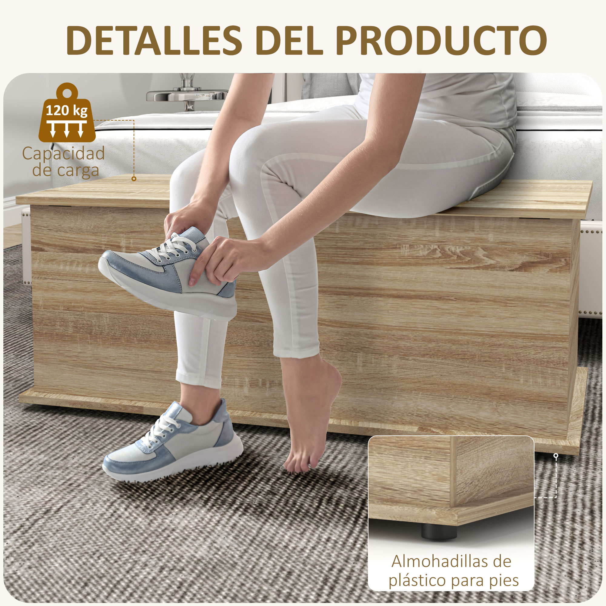 Una persona se sienta en un arcón de madera, poniéndose zapatillas azules y blancas.