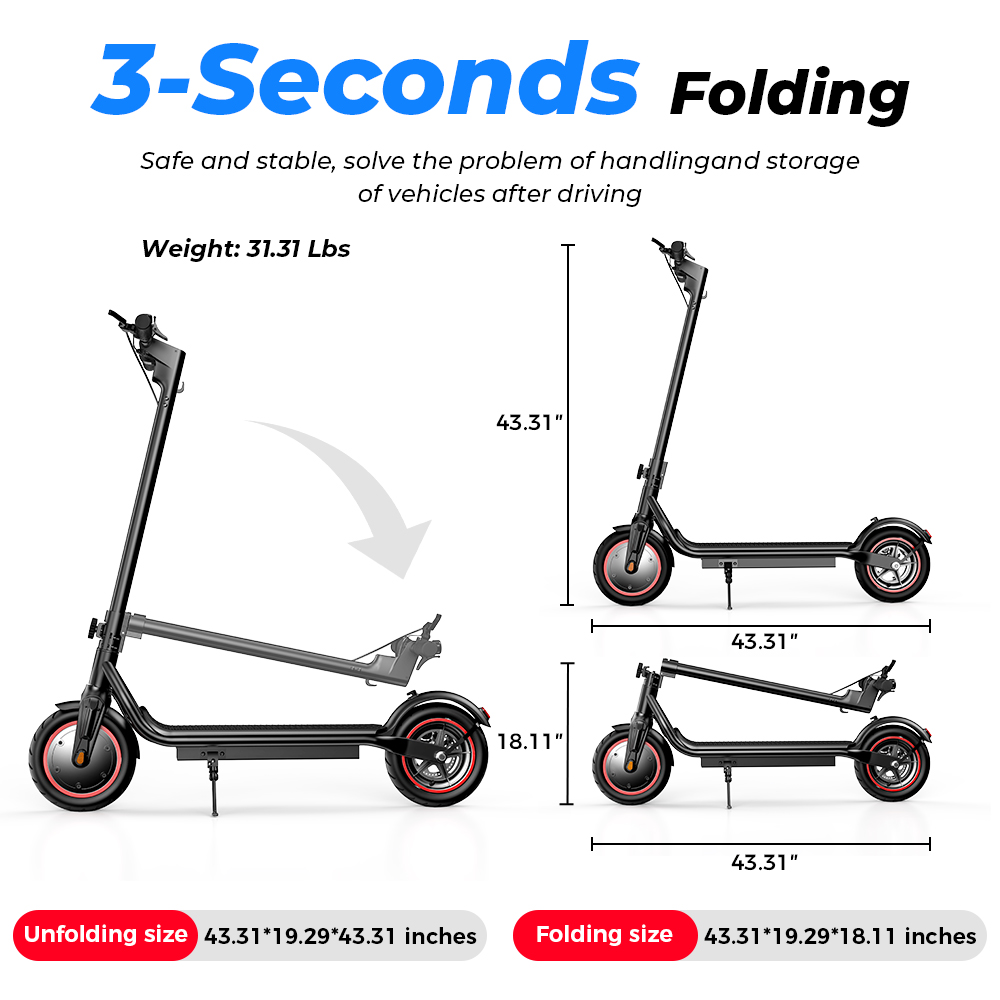 Uno scooter elettrico nero, mostrato aperto e piegato, con dimensioni.