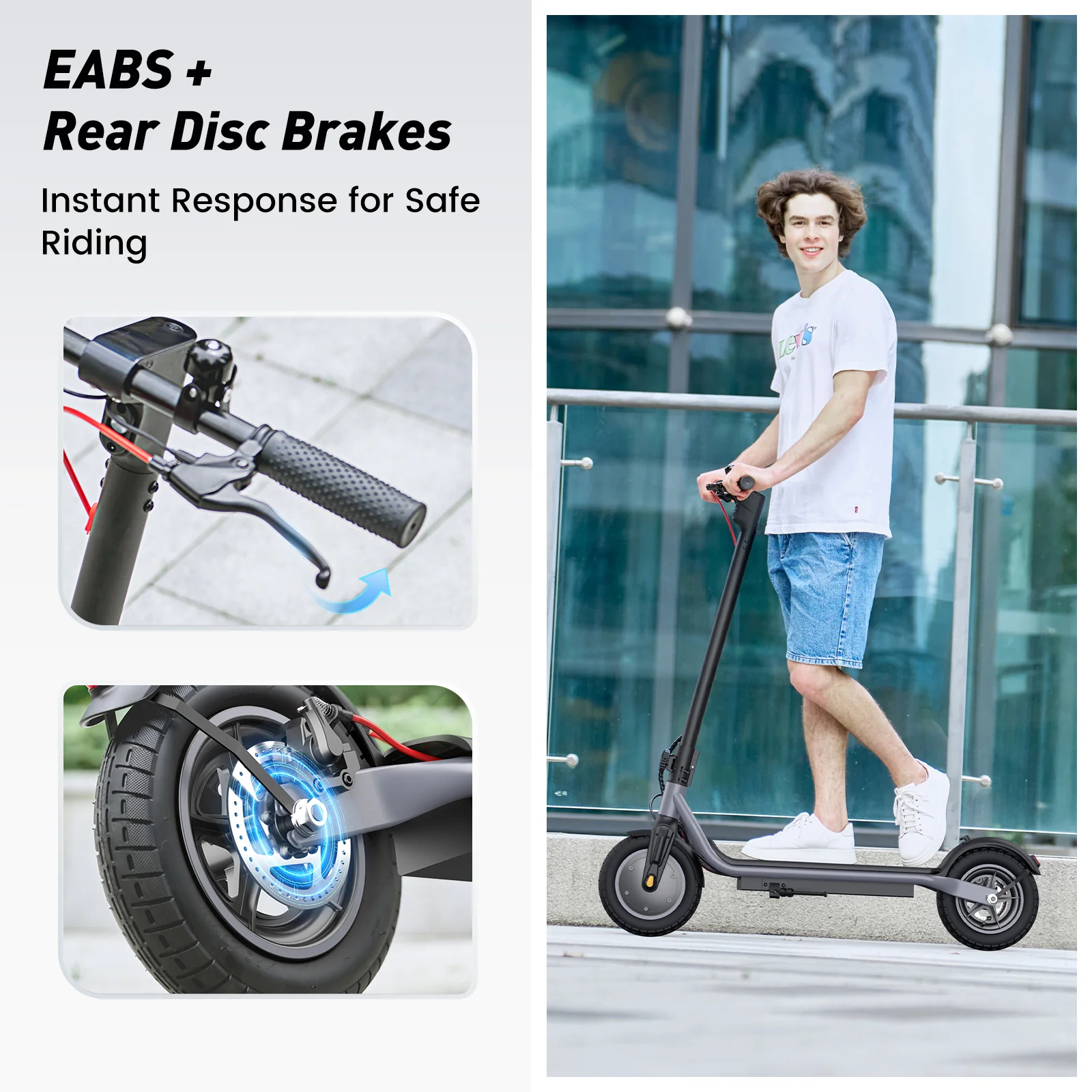 Un giovane guida uno scooter elettrico, primi piani sui freni.