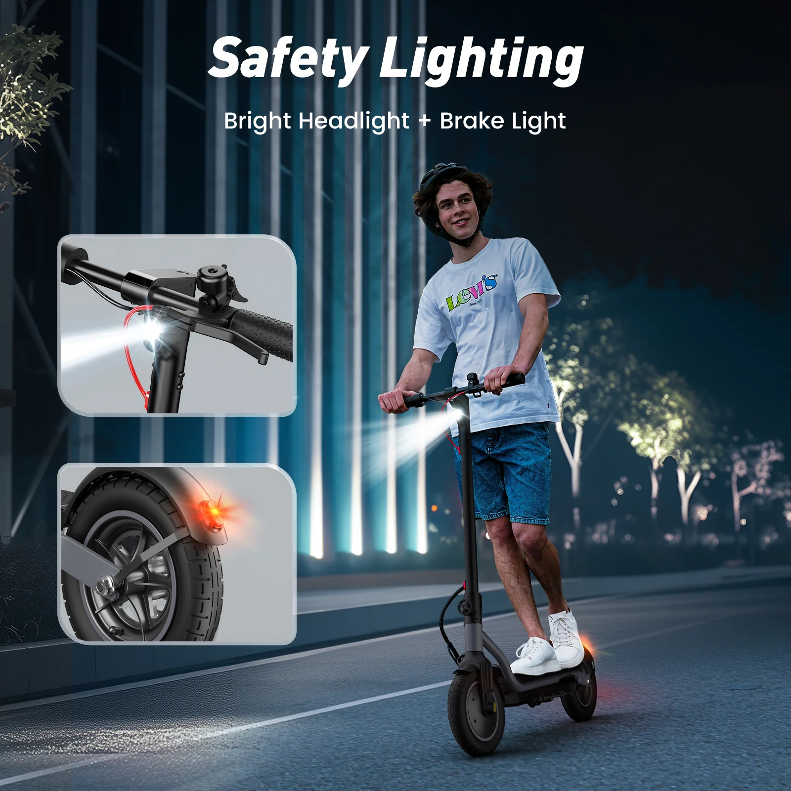 Un uomo guida uno scooter elettrico di notte con fari luminosi e luce posteriore.