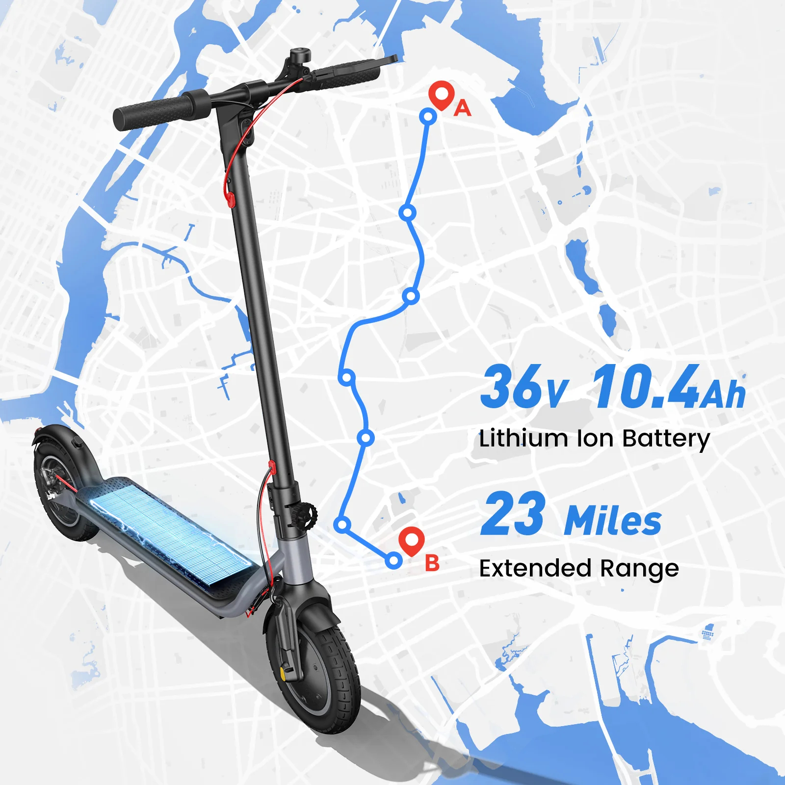 Uno scooter elettrico su una mappa, batteria agli ioni di litio da 36V 10,4Ah, autonomia 23 miglia.