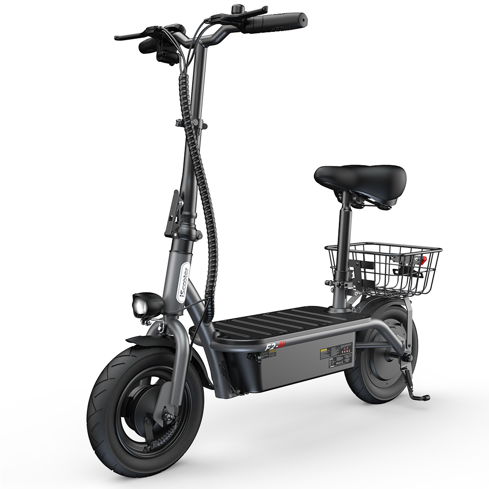 Monopattino elettrico grigio con sedile, cestino, luce e pedana larga.