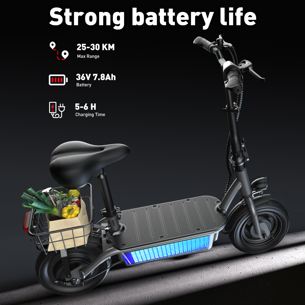 Uno scooter elettrico nero con un cesto di verdure. La batteria è illuminata.