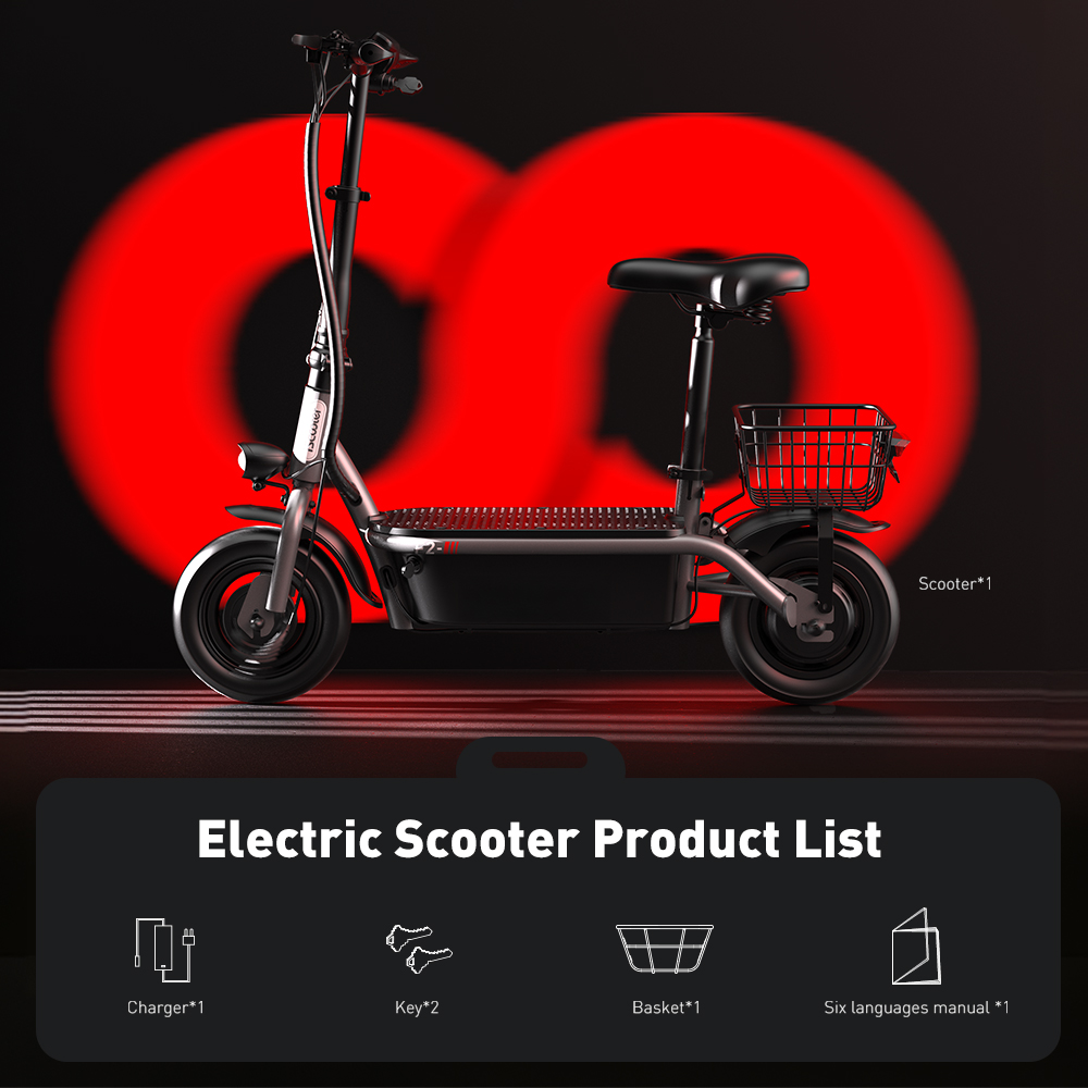 Uno scooter elettrico grigio con sedile e cestino, davanti a un cerchio rosso su sfondo nero.