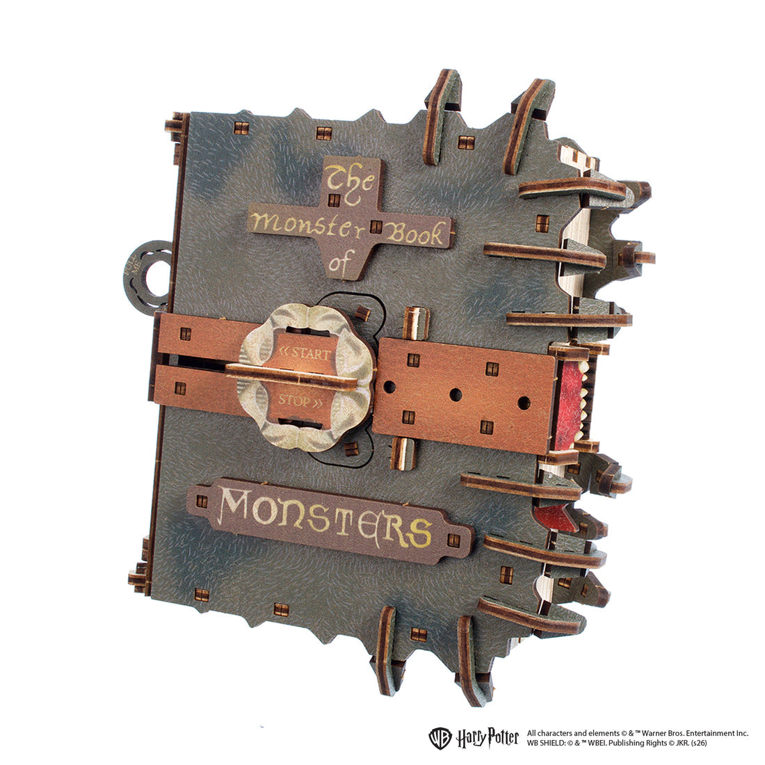Ein hölzernes 3D-Modell des Monsters aus dem Buch der Monster mit einem Riegelmechanismus.