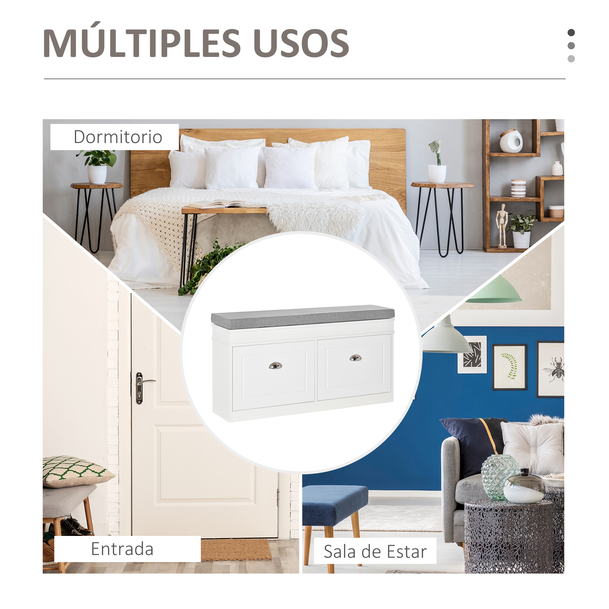 La collage muestra dormitorio, entrada y sala de estar con muebles.