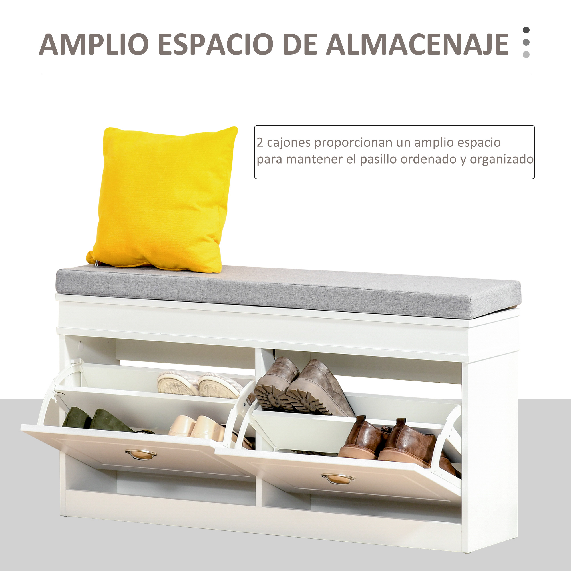 Un zapatero blanco con banco acolchado, cojín amarillo y compartimentos abiertos.