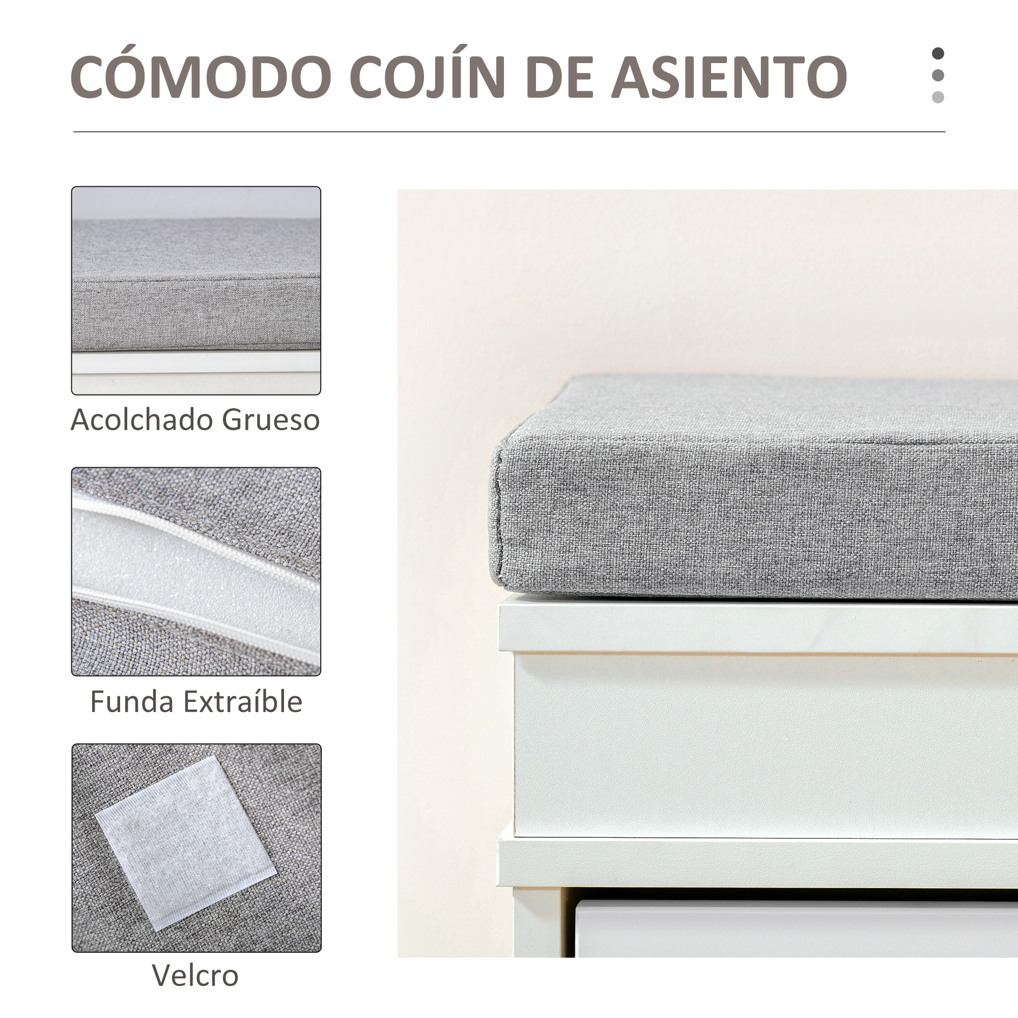 Cojín de asiento gris sobre mueble blanco, vista cercana.