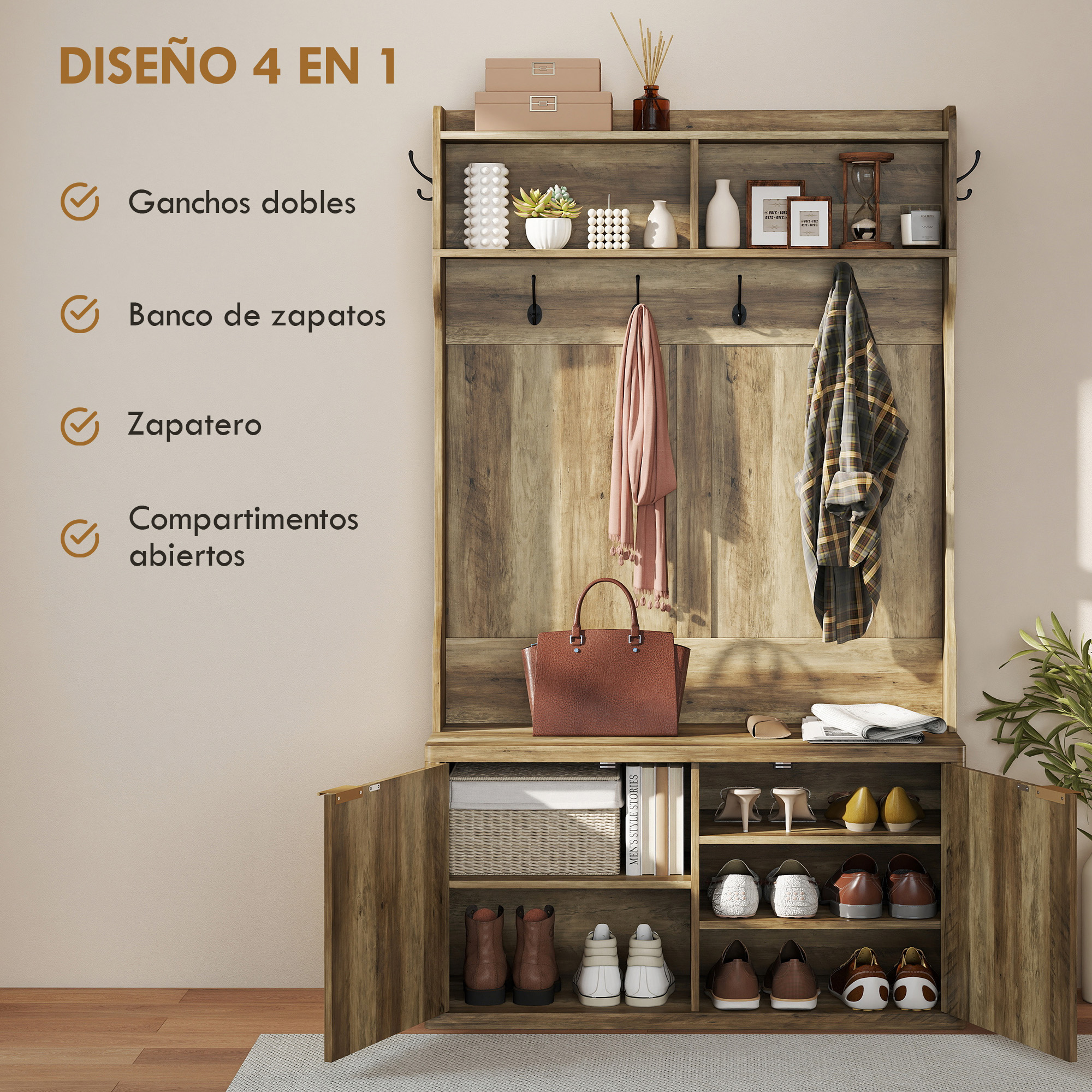 Un organizador de entrada de madera con ganchos dobles y zapatero.