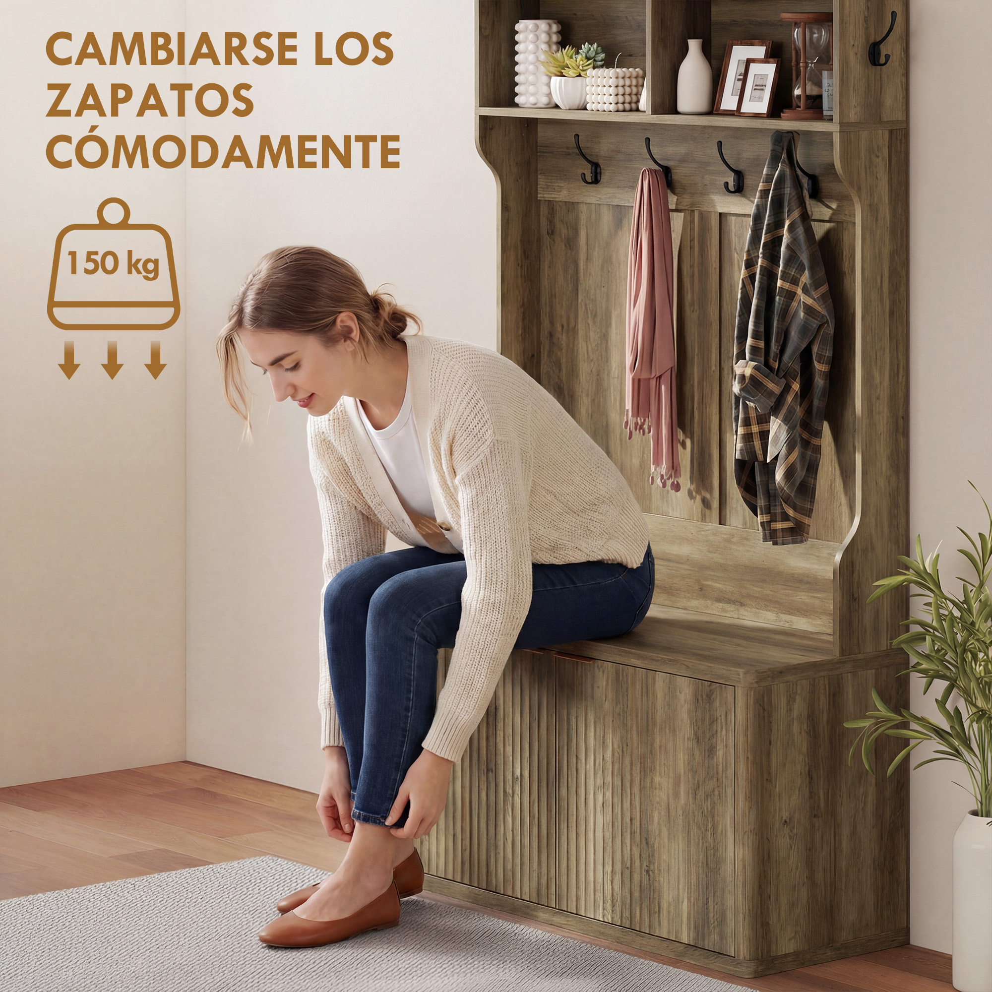Una mujer trenzada se sienta en un banco de madera, poniéndose zapatos. Un armario está cerca.