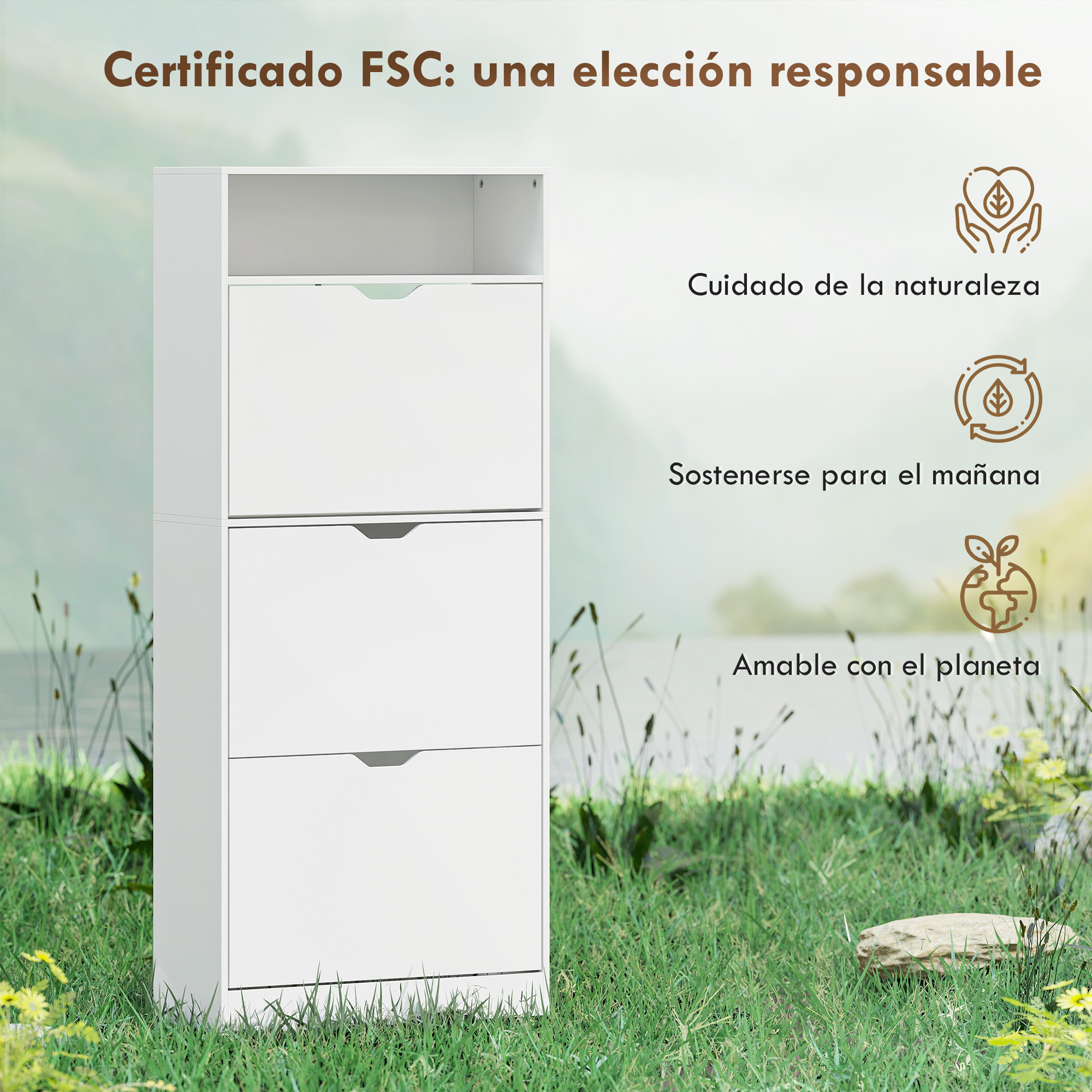 Un mueble blanco en la hierba con iconos y texto sobre sostenibilidad.
