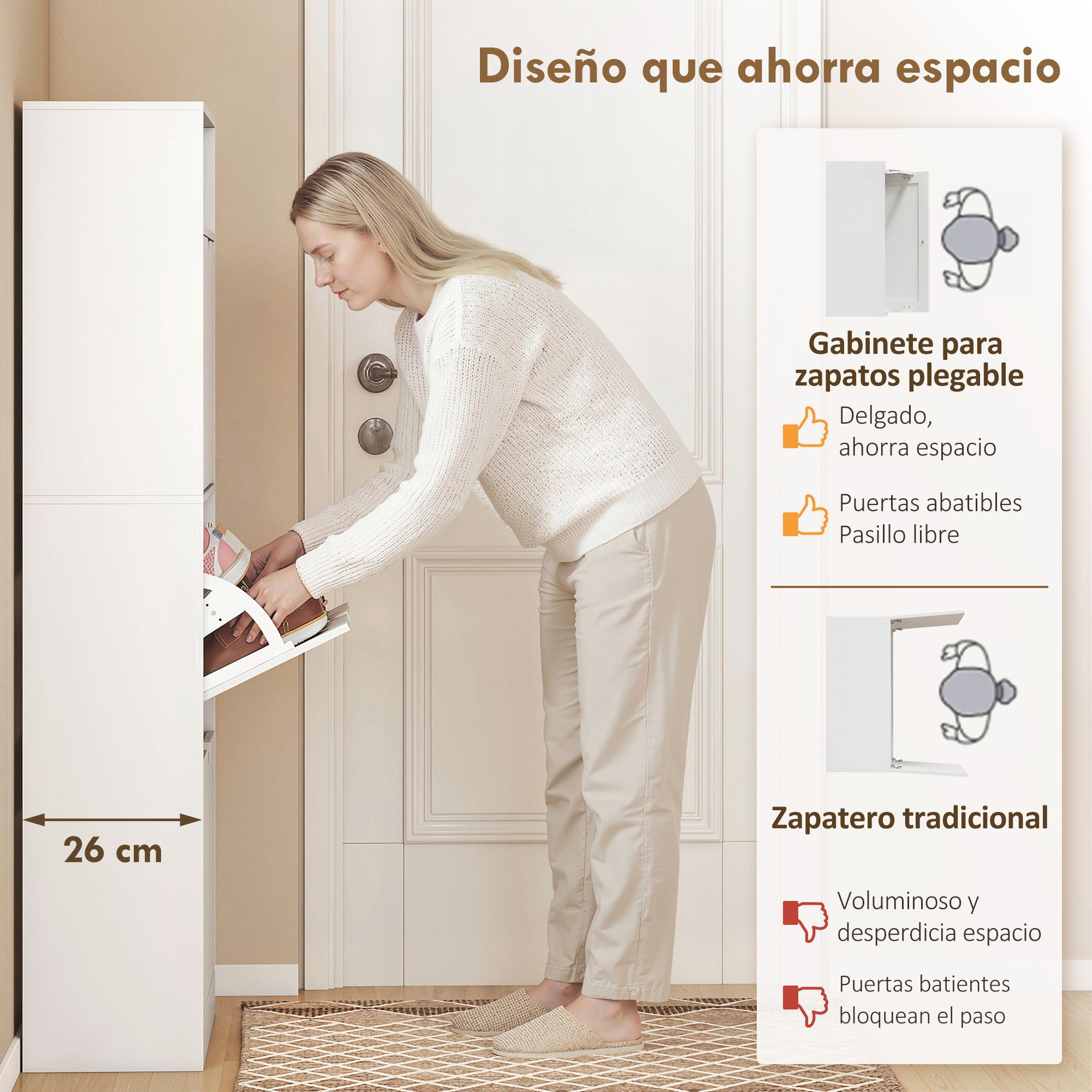 Una mujer pone zapatos en un zapatero blanco y delgado de 26 cm.