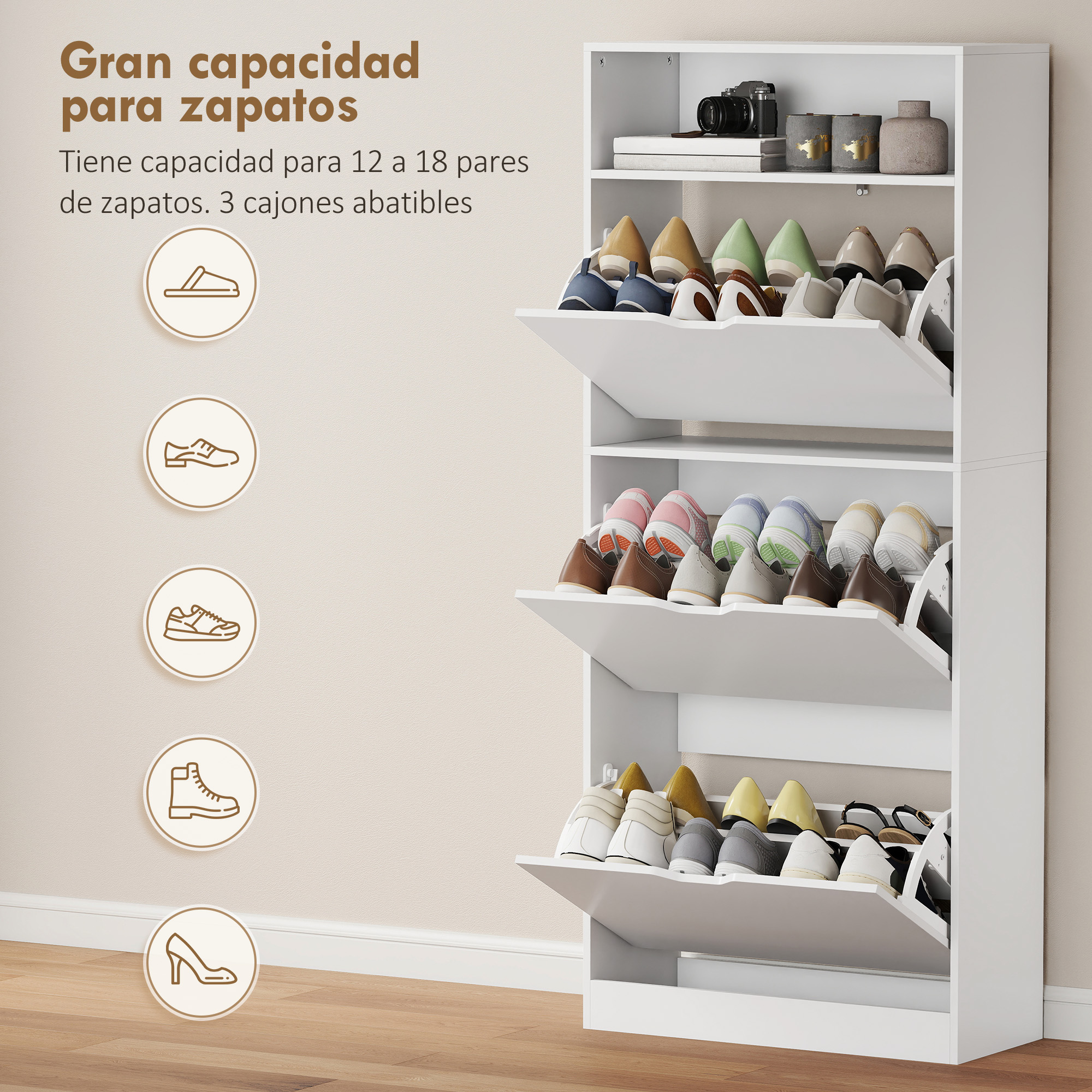 Zapatero blanco con tres cajones abatibles llenos de zapatos. Artículos decorativos arriba.