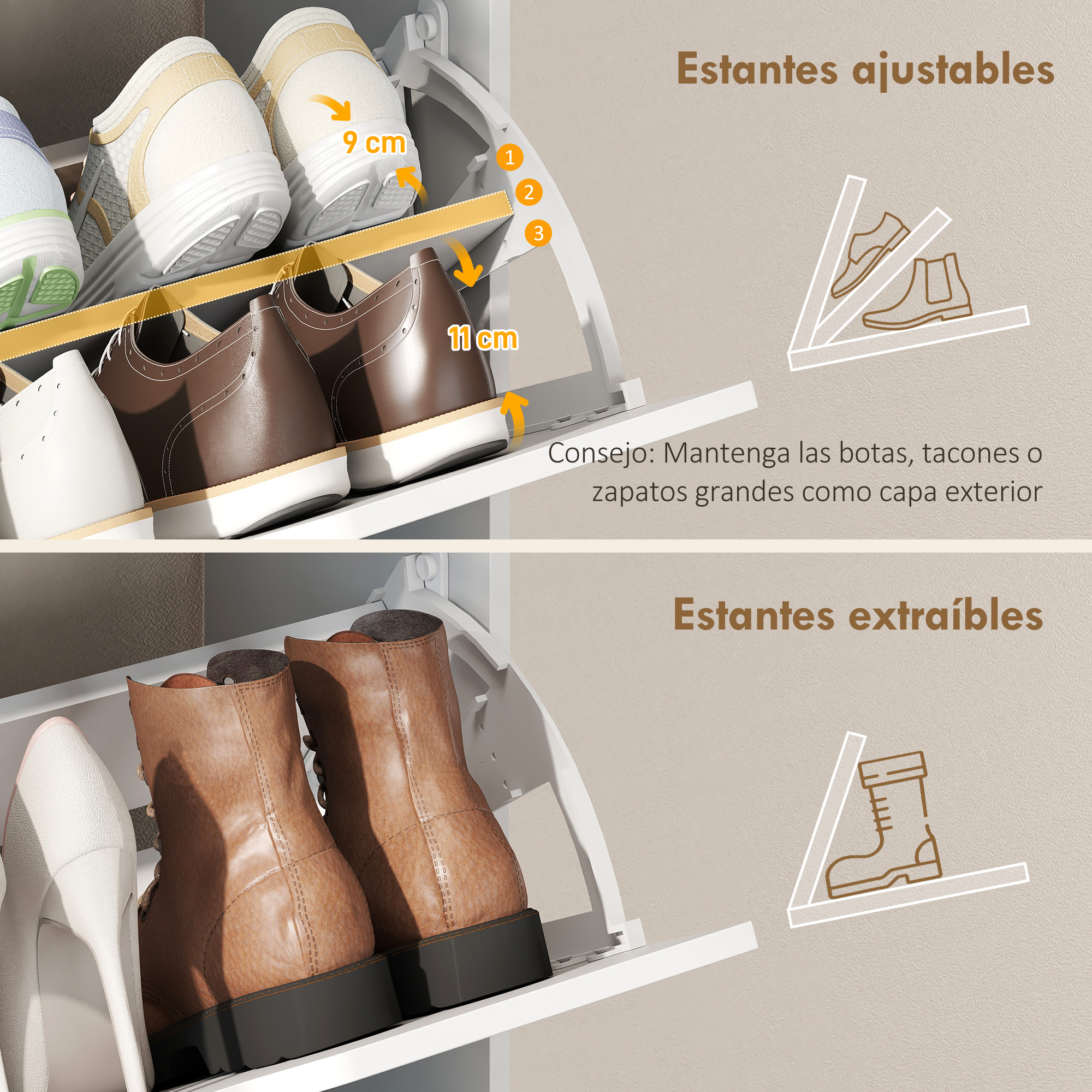 Zapatero con estantes ajustables y extraíbles para diferentes tipos de zapatos.
