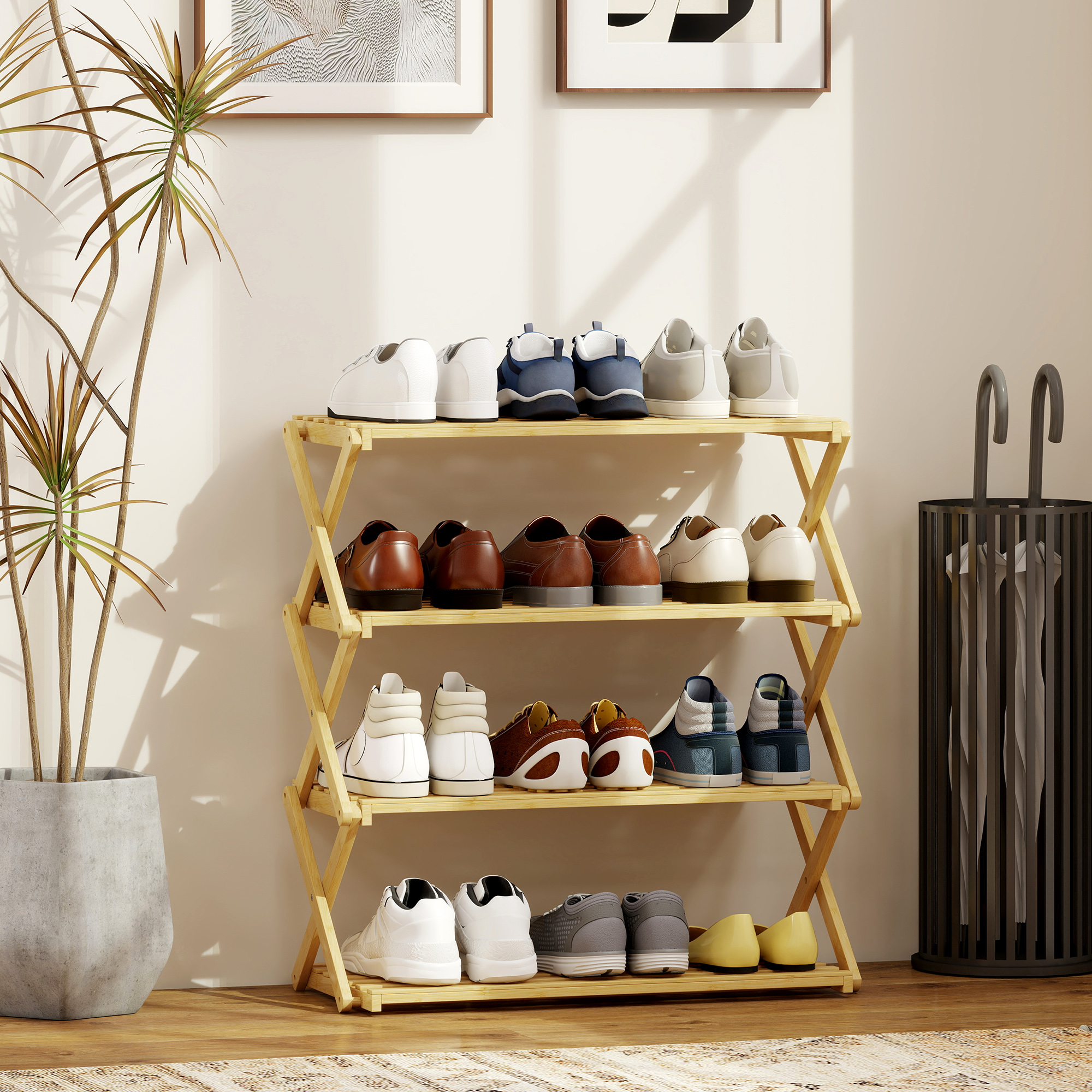 Un zapatero de madera de cuatro niveles con varios zapatos en cada estante.