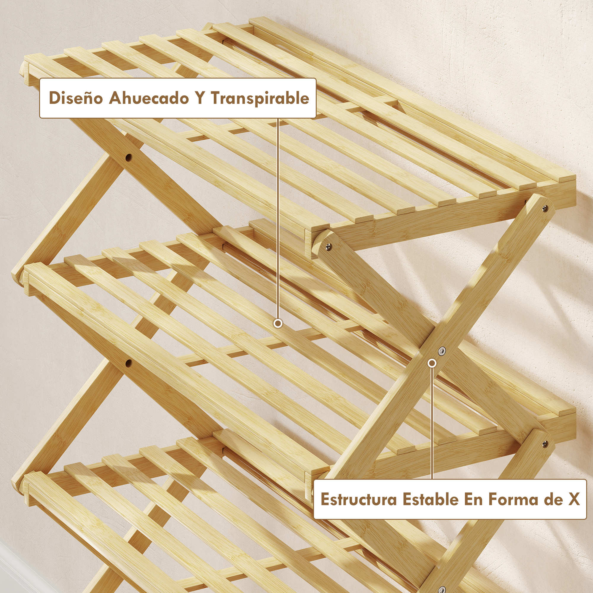 Un estante de madera de varios niveles con diseño plegable y estructura de soporte en forma de X.