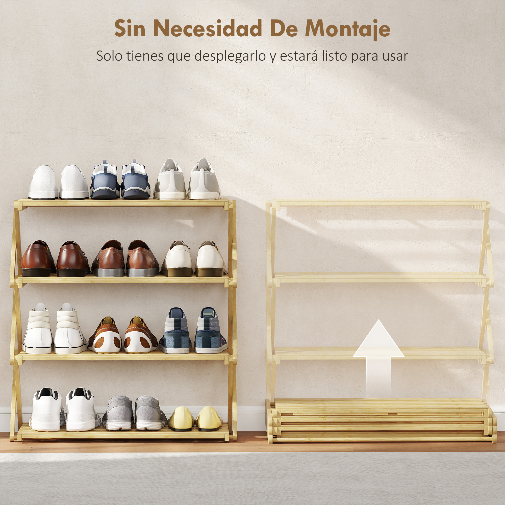 Zapatero de madera con zapatos y un estante vacío al lado.