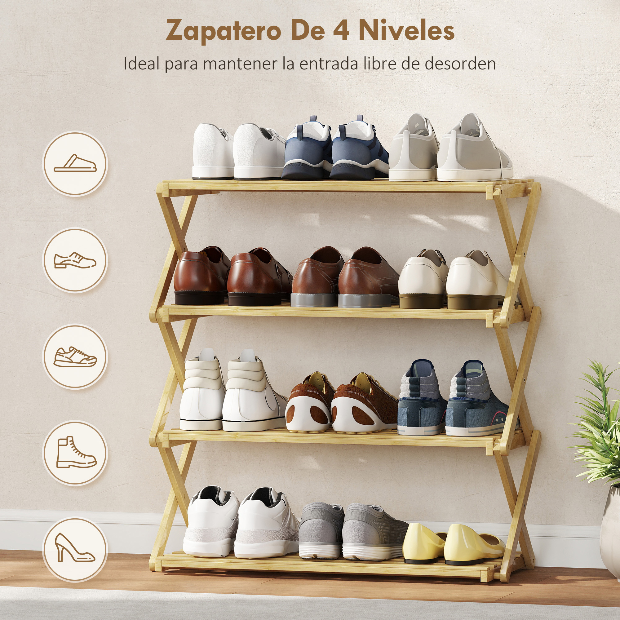 Un zapatero de madera muestra varios zapatos en cuatro niveles. Iconos muestran tipos de zapatos.