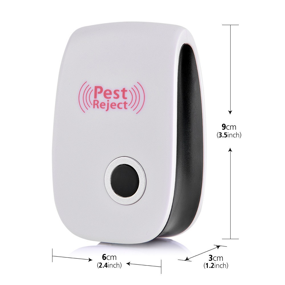 Ein weißes Schädlingsbekämpfungsgerät mit rosa "Pest Reject"-Logo und Maßen.