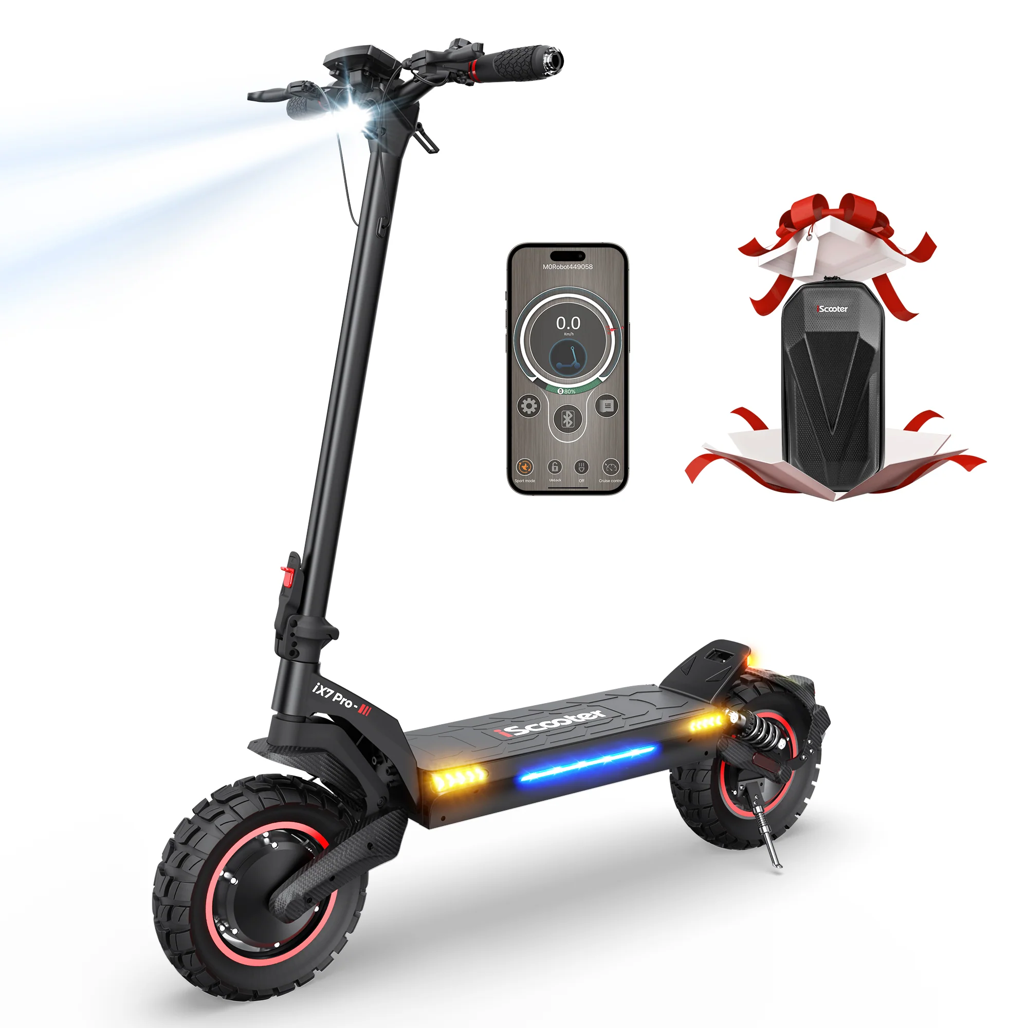 Monopattino elettrico nero con luci accese, smartphone e confezione regalo.