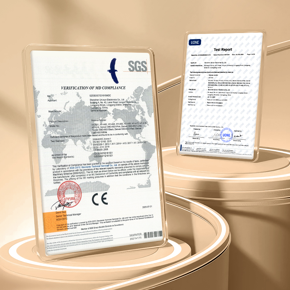 Documento di verifica conformità MD con SGS e marcatura CE, accanto a un rapporto di prova UONE.