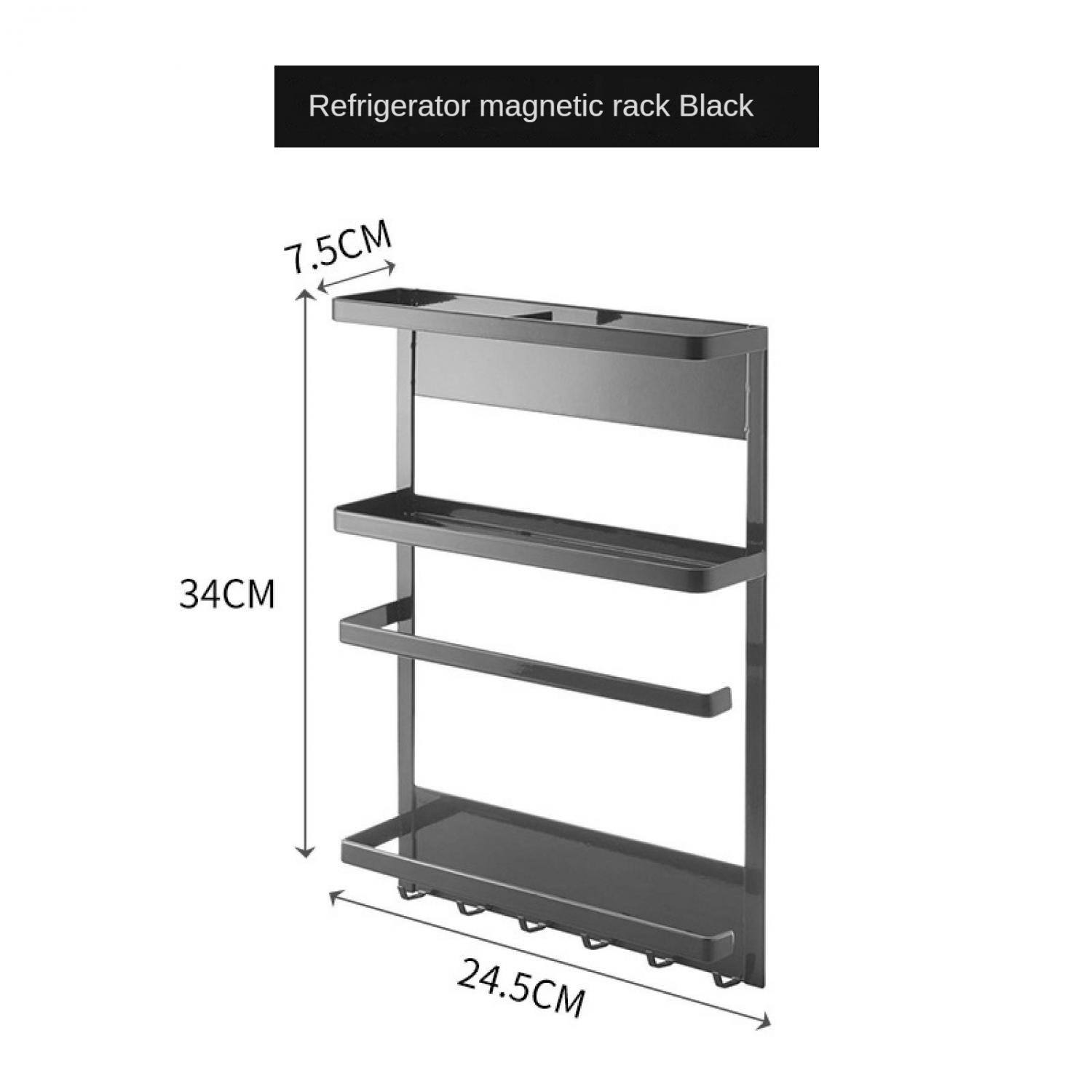 Schwarzes magnetisches Kühlschrankregal mit 3 Ebenen und Haken.