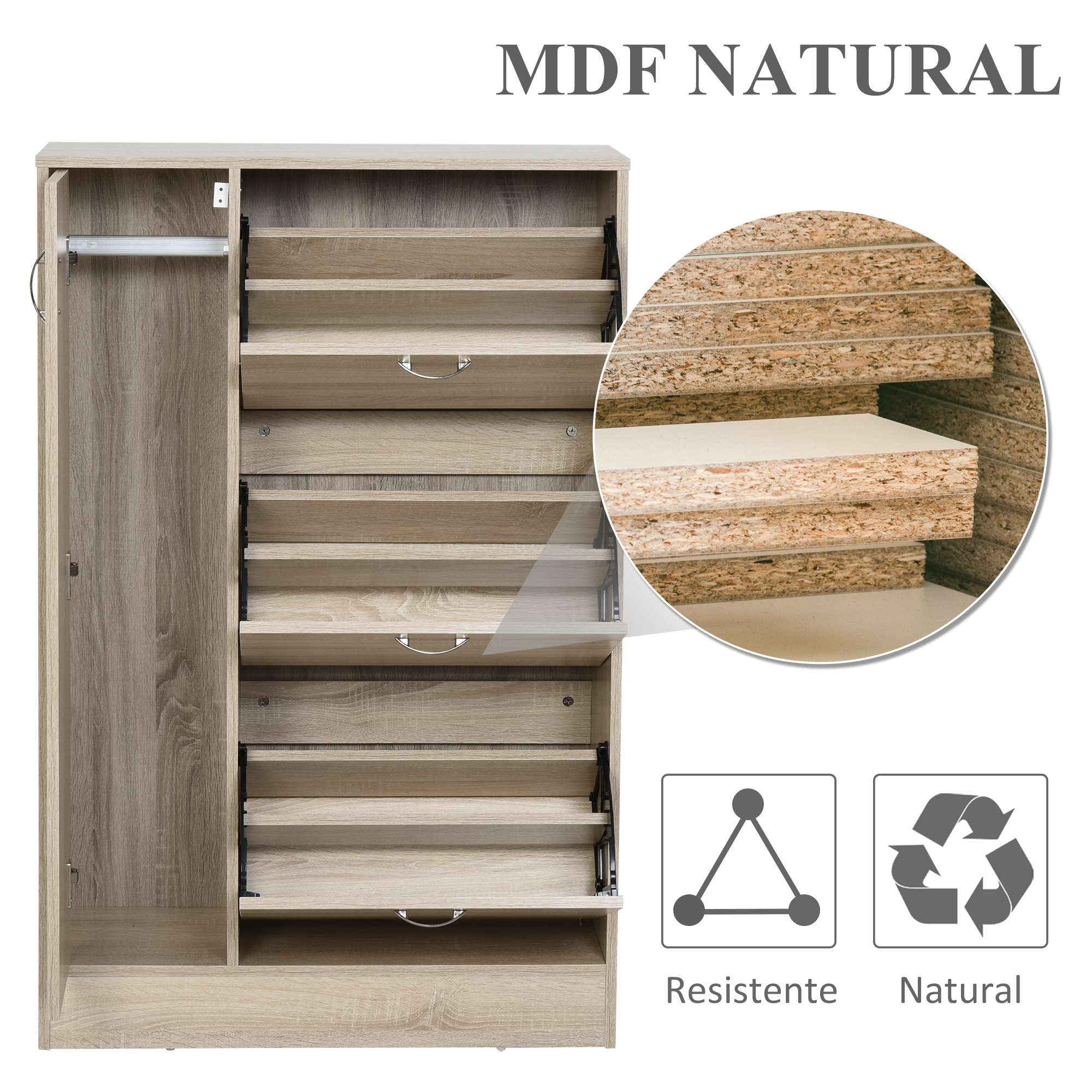 Un armario de madera con múltiples estantes y una barra para colgar.