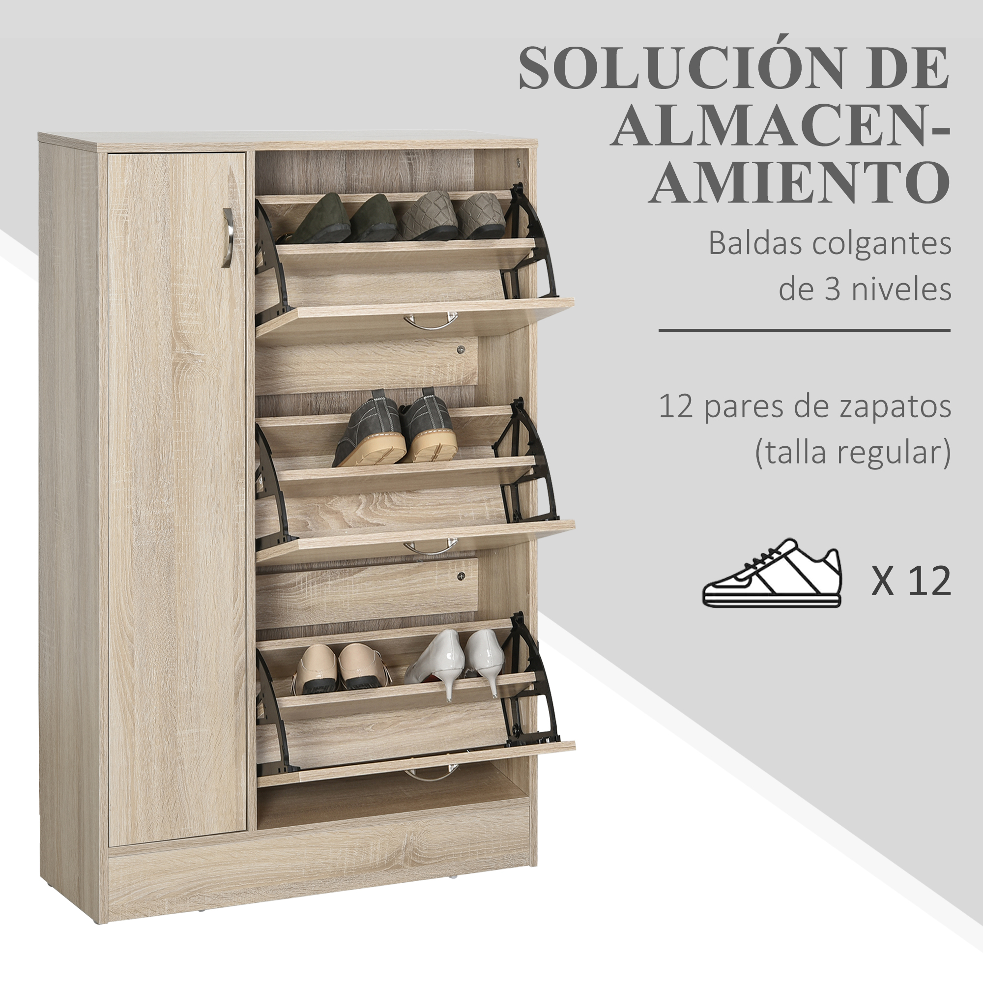 Mueble zapatero de madera clara con 3 baldas abatibles, lleno de zapatos.