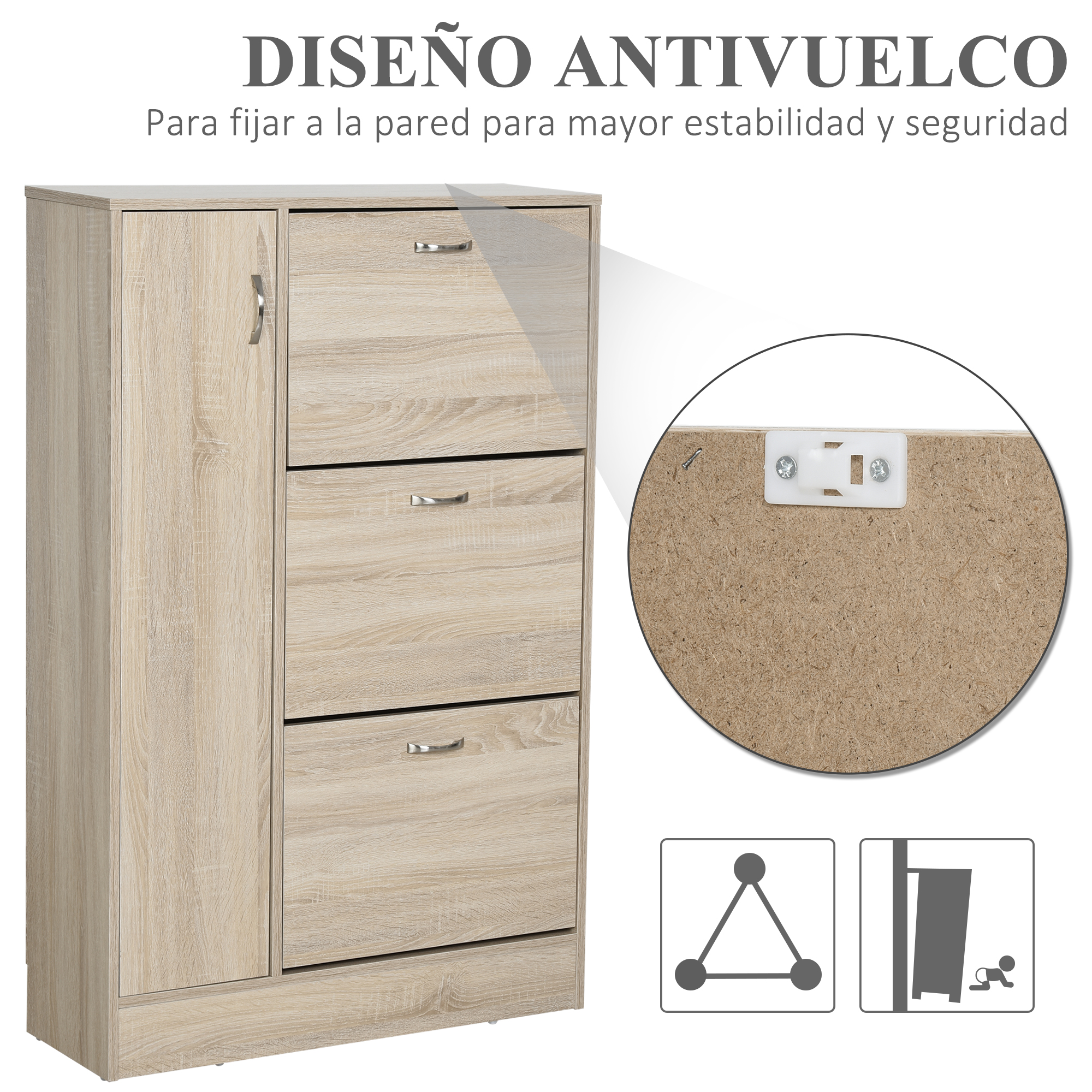 Armario de madera clara con puerta y cajones, muestra fijación a pared y anti-vuelco.