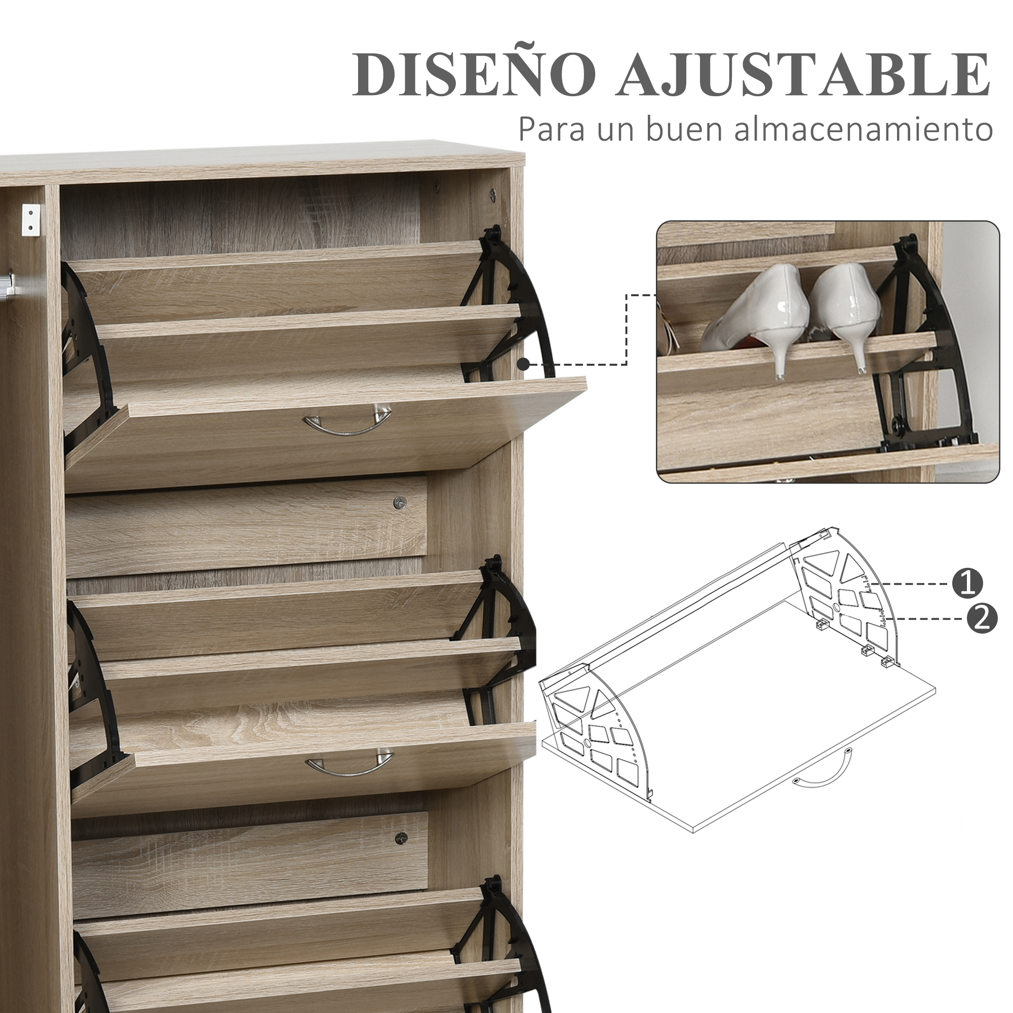 Un zapatero de madera con múltiples estantes y puertas abatibles.