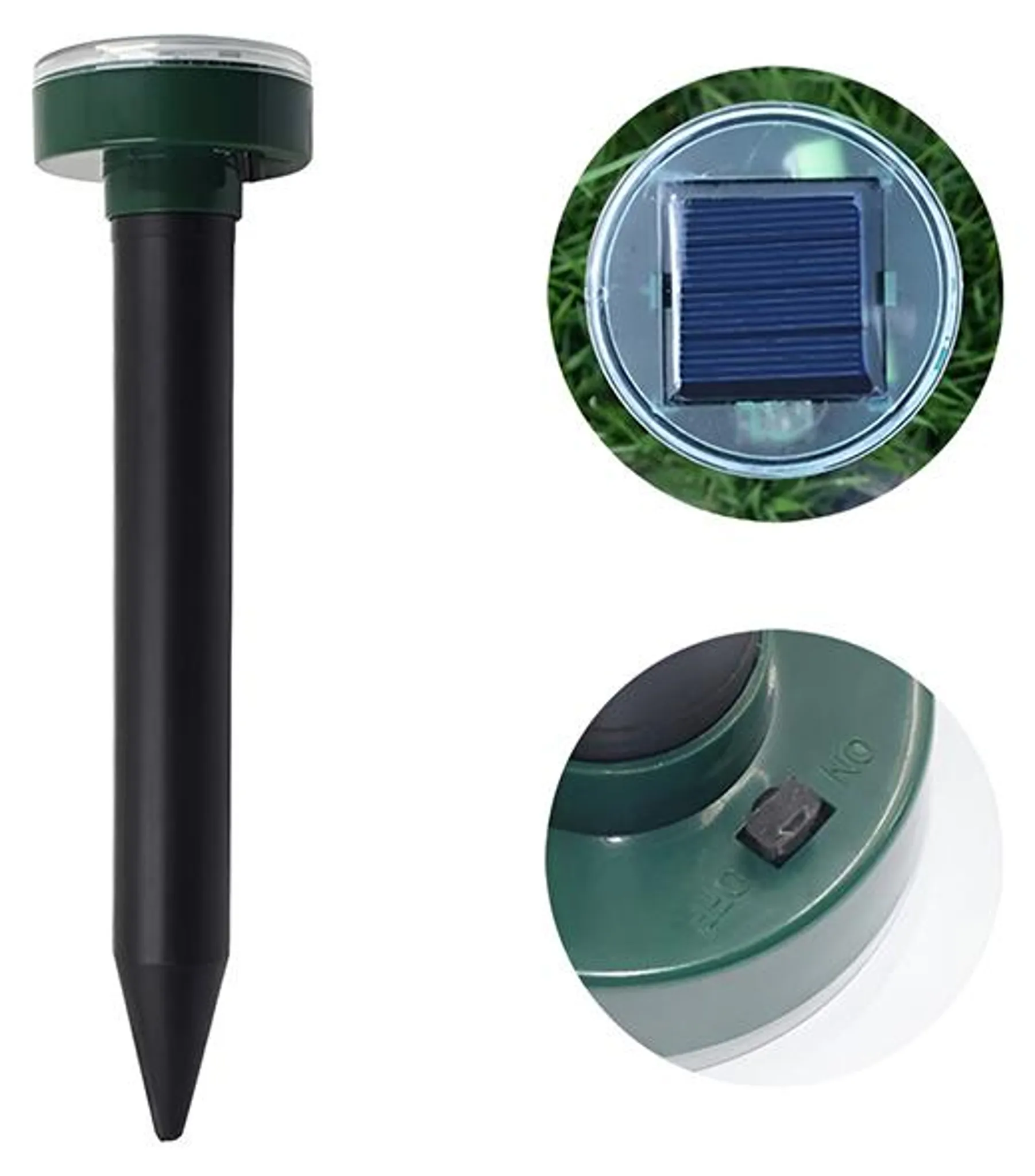 Ein schwarzer Stab mit einem grünen oberen Teil, der einen Solarpanel und einen Schalter zeigt.