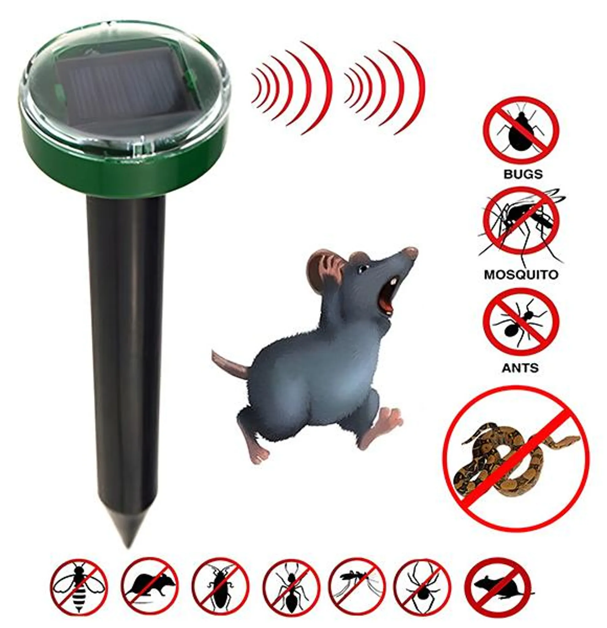 Solar-Schädlingsbekämpfer mit Ratte, Insekten- und Schlangen-Verbotsschildern.