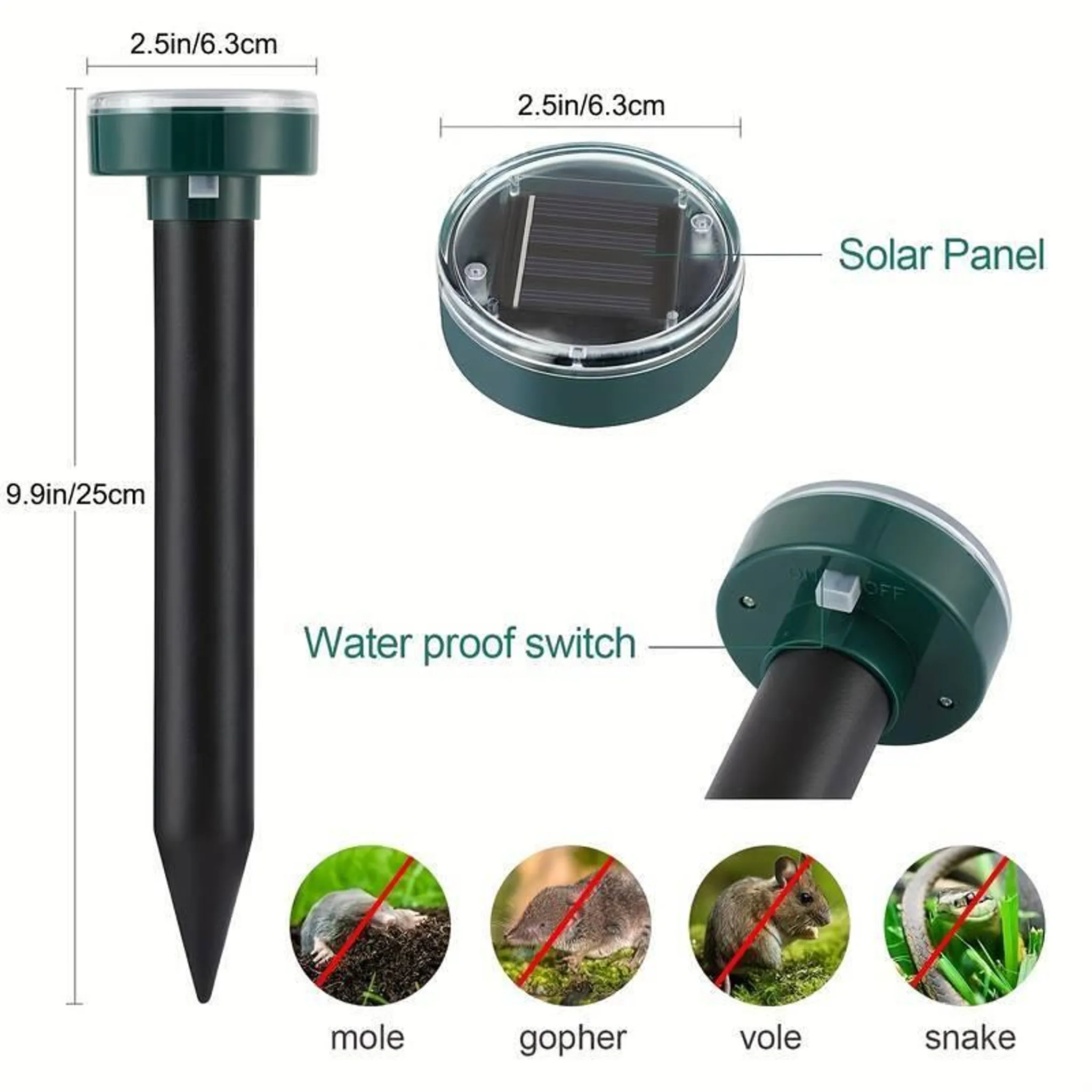Ein Solarpanel-Mäuseschreck mit seinen Maßen und Zieltieren.