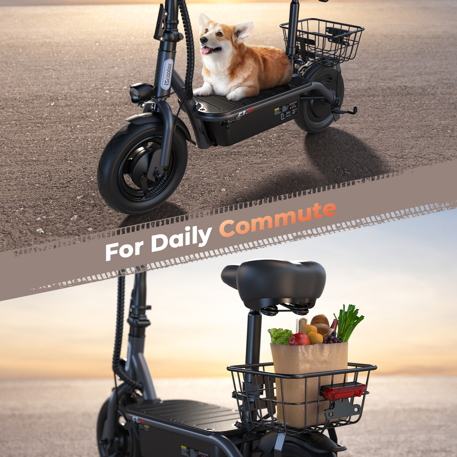 Un corgi è seduto su un e-scooter nero carico di generi alimentari.