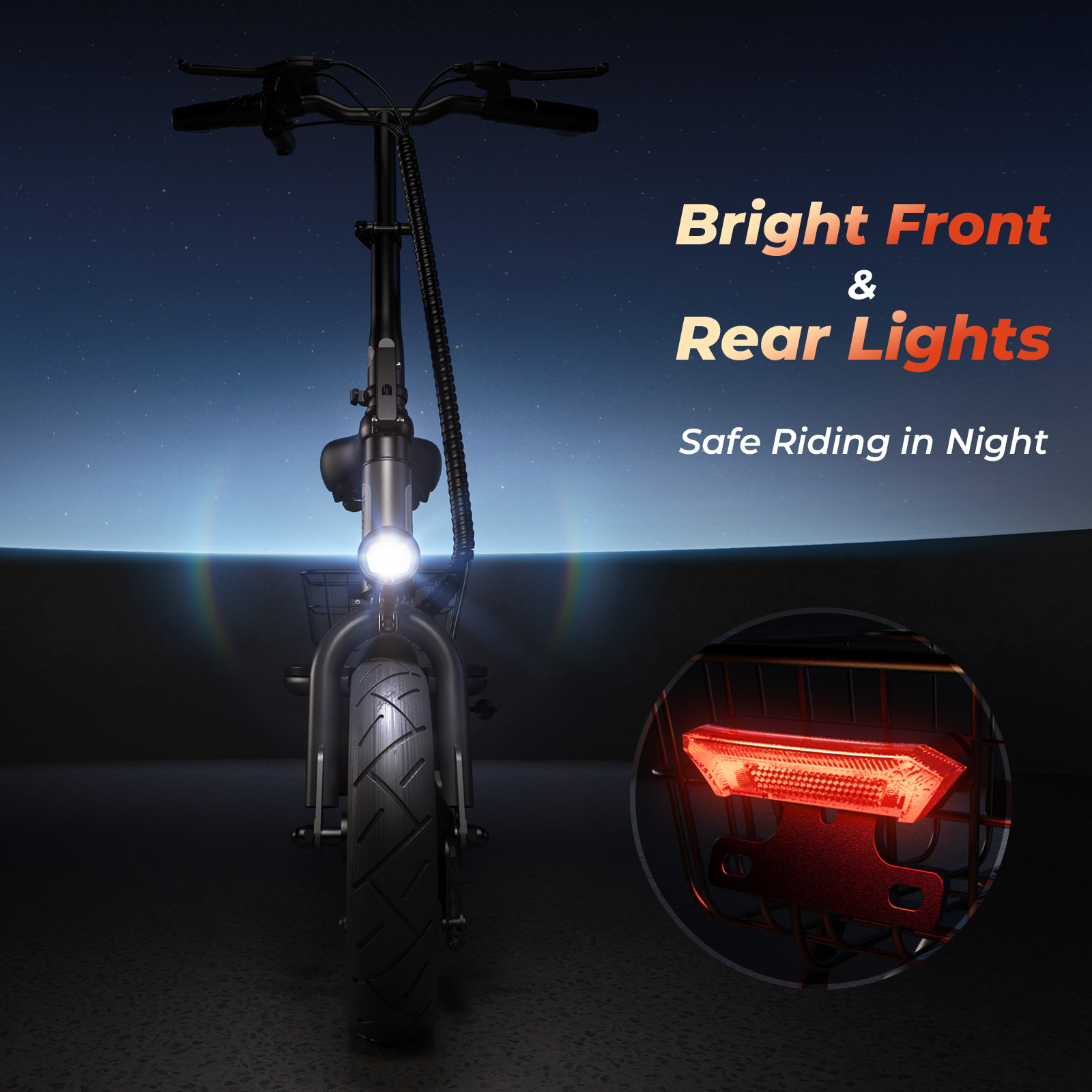 Uno scooter elettrico nero con luce anteriore brillante e luce posteriore rossa.