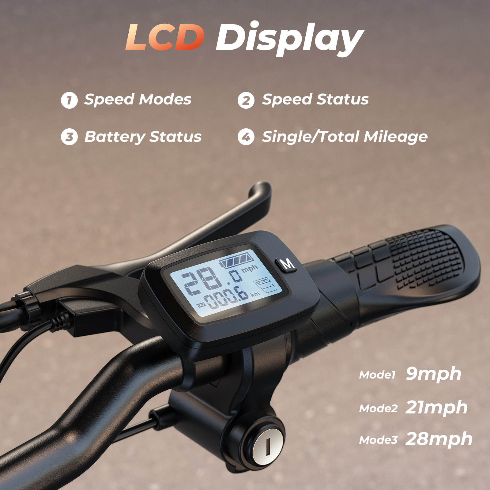 Primo piano del display LCD di un monopattino elettrico con velocità e stato batteria.