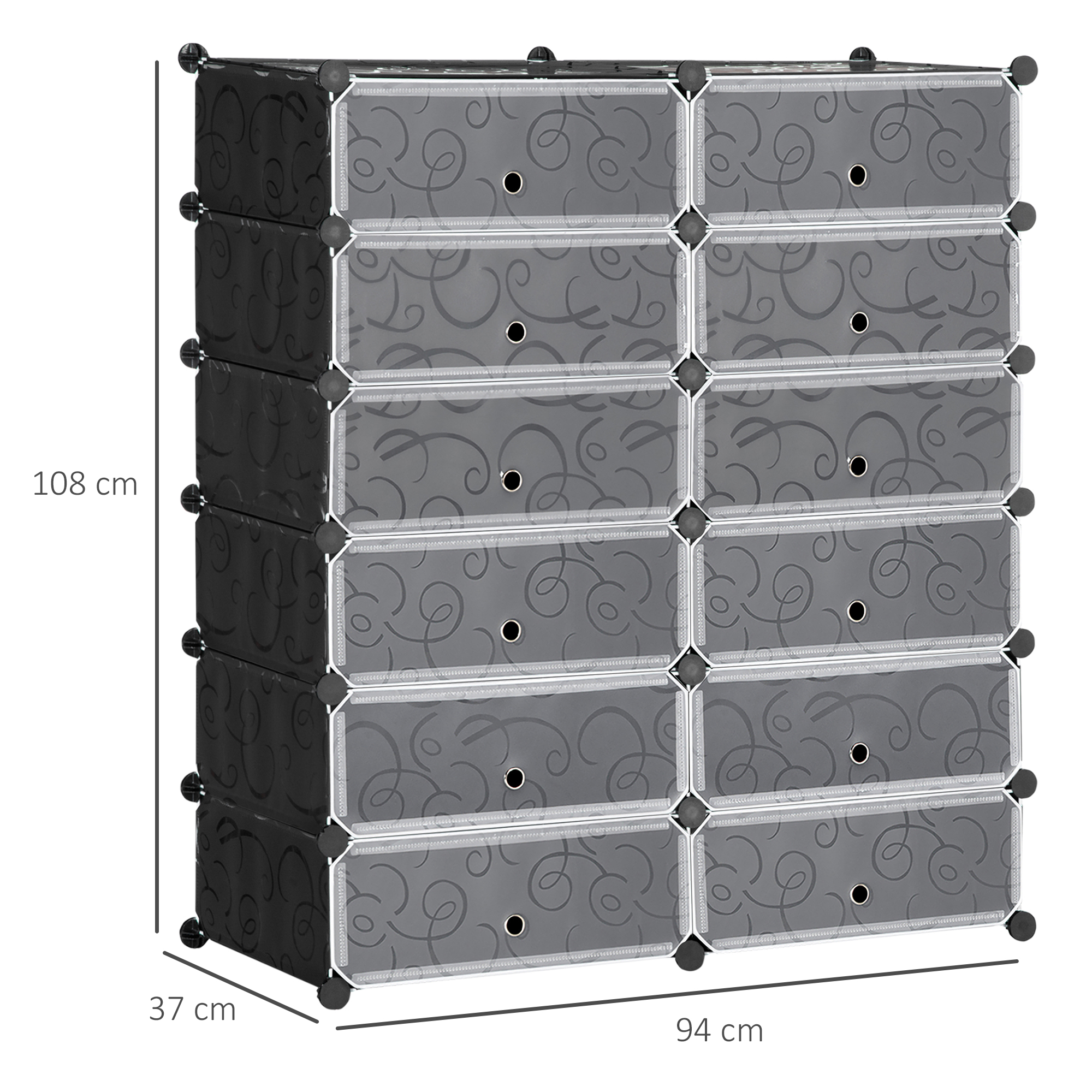 Un organizador de almacenamiento de 12 cubos negro y gris, medidas 108x94x37 cm.
