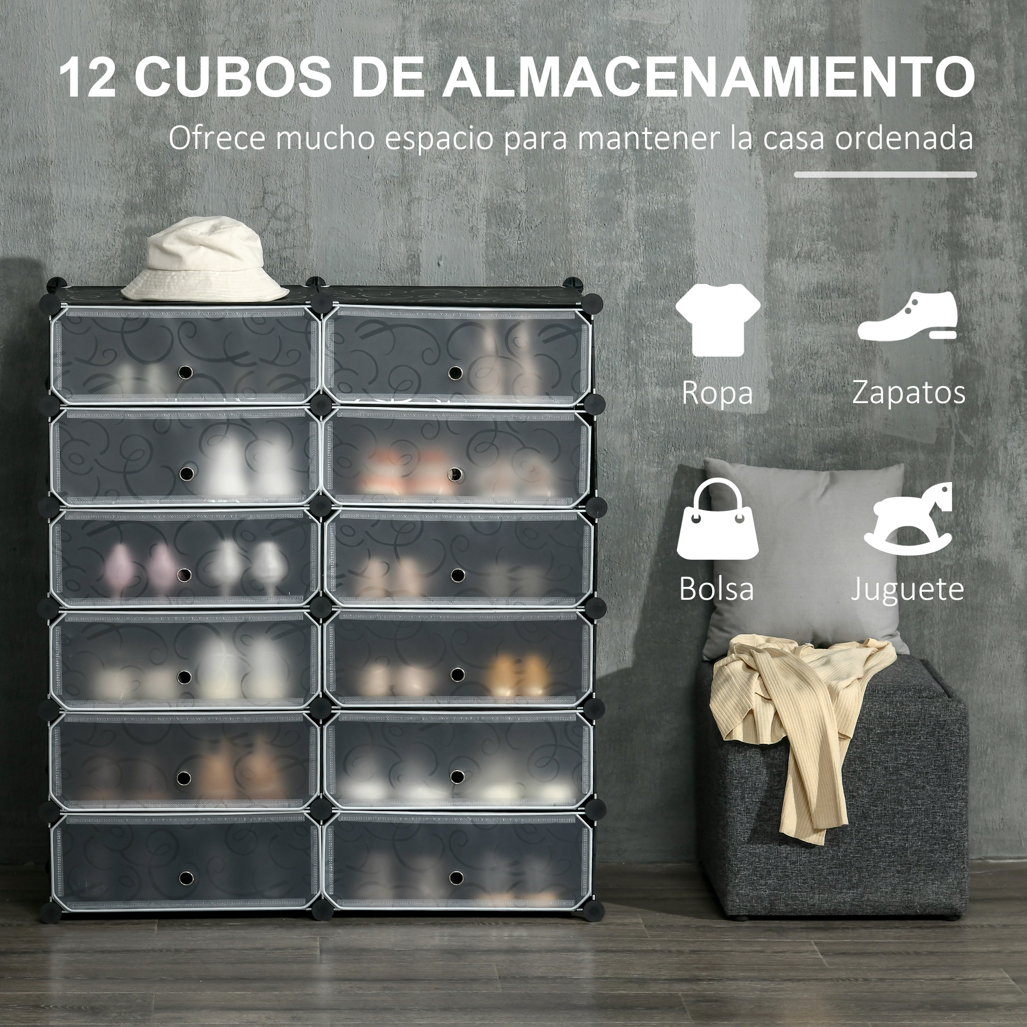12 cubos de almacenamiento con iconos de ropa, zapatos, bolsa y juguete.
