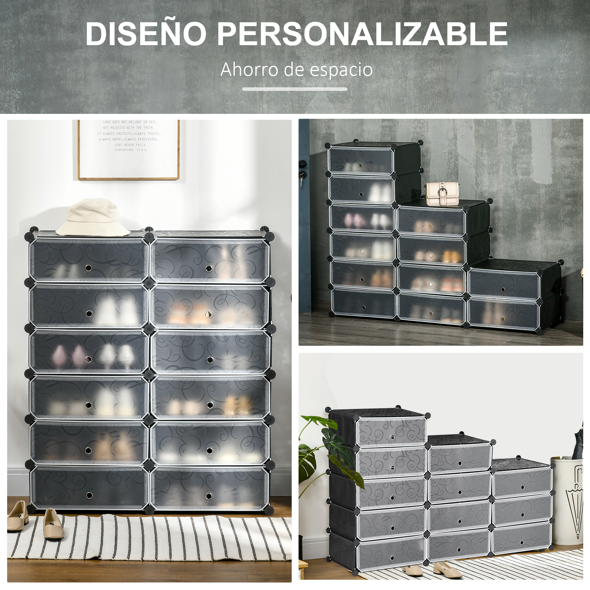 Unidades modulares de almacenamiento de zapatos en varias configuraciones.
