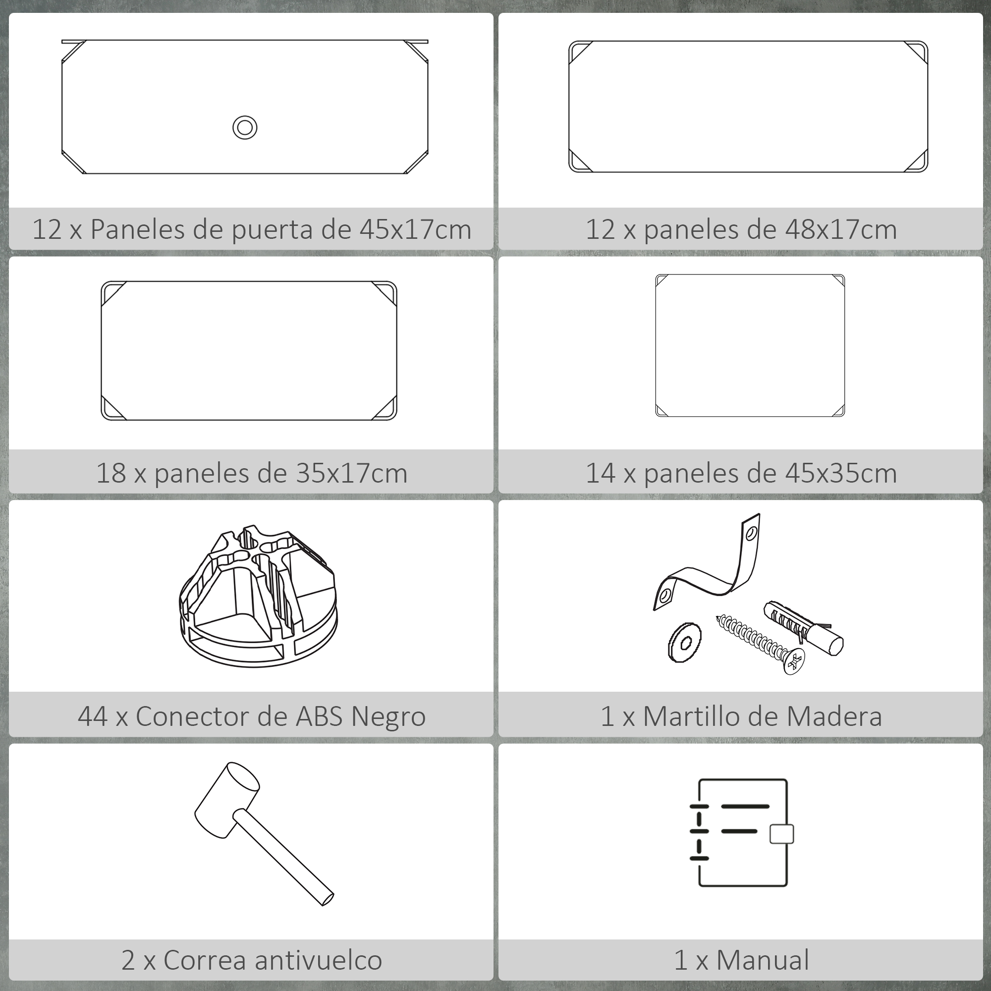 Diagramas de paneles de muebles, conectores, martillo, correa y manual.
