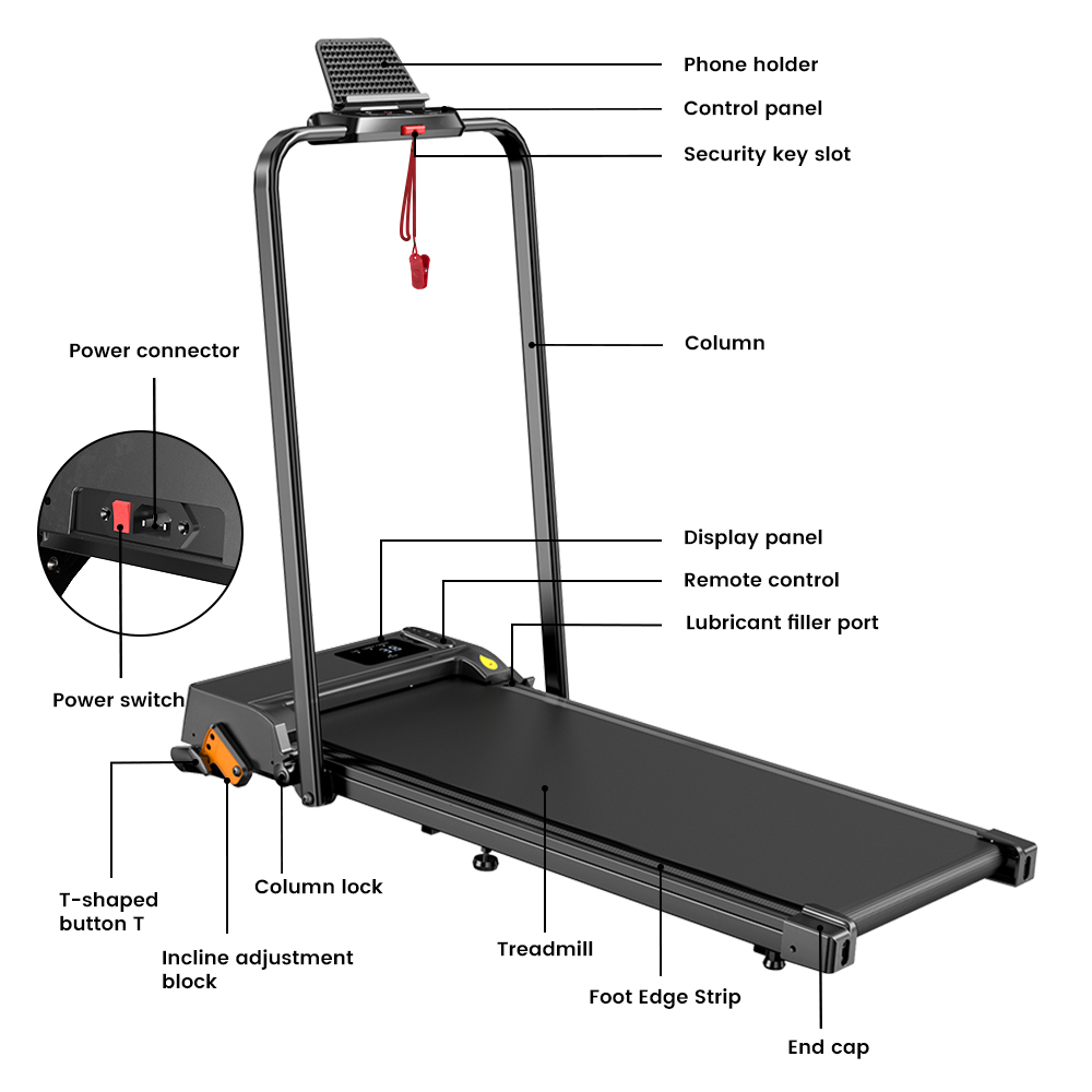Tapis roulant nero con pannello di controllo, supporto per telefono e caratteristiche di sicurezza.